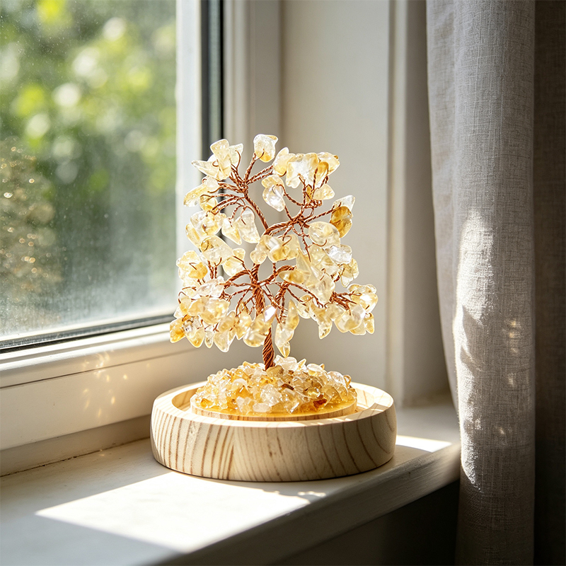 Handmade Citrine Crystal Tree in Glass Dome, Natural Gemstone Bonsai Tree with Wood Base, Reiki Spiritual Crystal Decor for Desk Shelf, Unique Gift