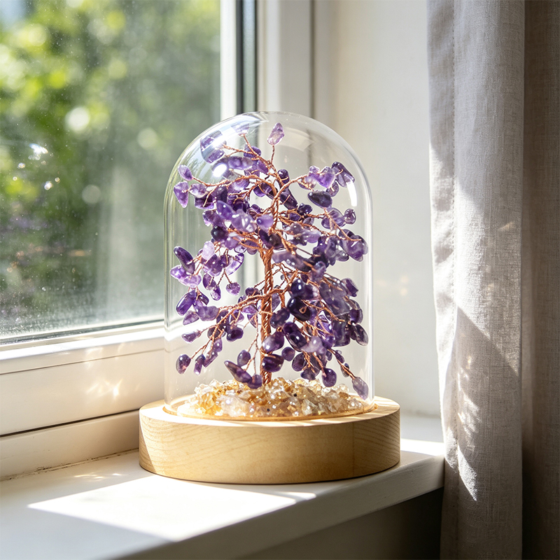 Hand‑Made Amethyst Crystal Tree in Glass Dome with Wooden Base, Natural Chip Gemstone Tree Figurine, Mini Home Desk Shelf Decor Ornament, Ideal Gift for Crystal Lovers