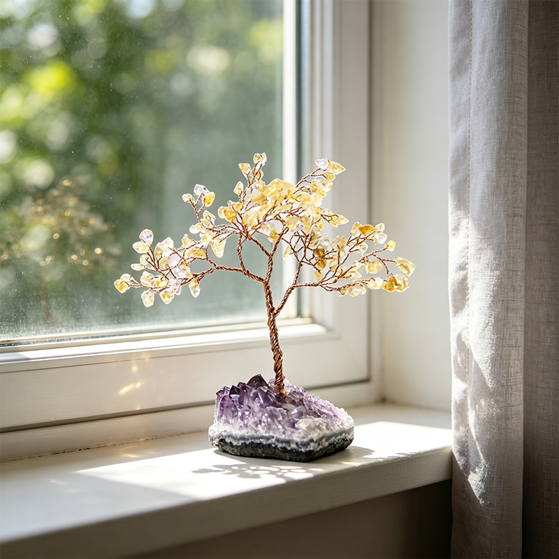 Hand‑Made Citrine Chip Gemstone Tree with Natural Amethyst Cluster Base, Copper Wire Crystal Tree Figurine, Mini Home Desk Decor Ornament, Gift for Crystal Lovers