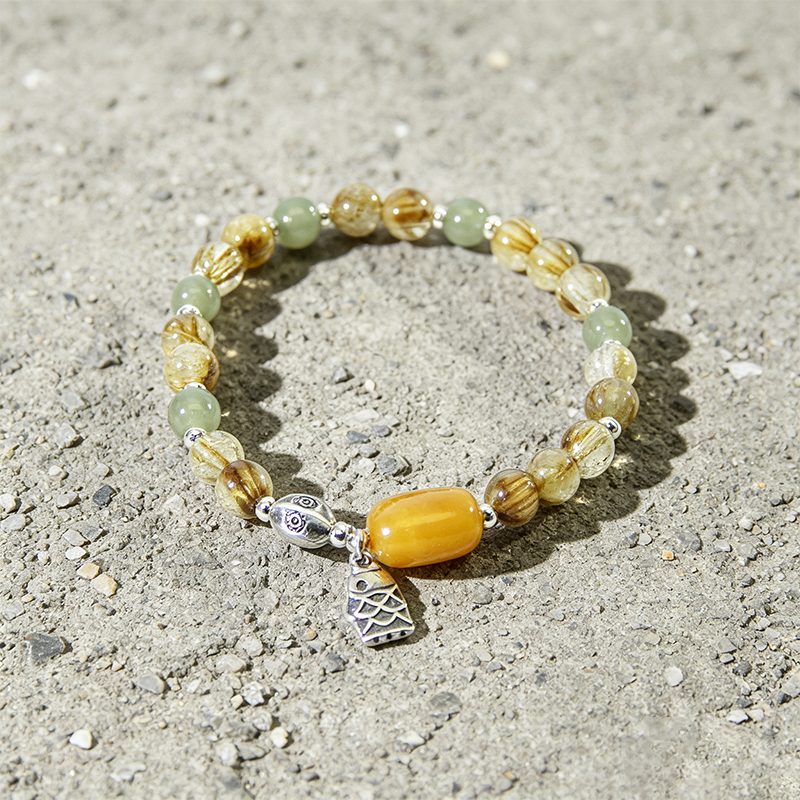 Women Natural Rutilated Quartz Stretch Beaded Bracelet, Handmade Elastic Crystal Bracelet with Multi‑Tone Accent Beads and Silver‑Plated Fish Charm, Fashion Gemstone Jewelry Gift