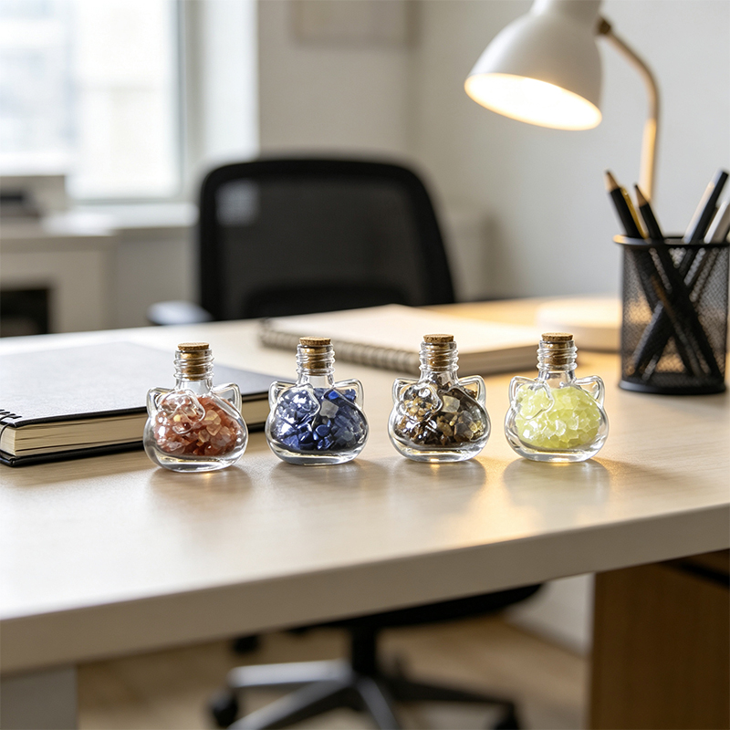 7‑Pack Cat‑Shape Mini Glass Bottles with Assorted Natural Crystal Chips, Cork Stopper Gemstone Tumbled Chip Jars, Spiritual Desktop Decor Ornament, Crystal Collectible Gift Set