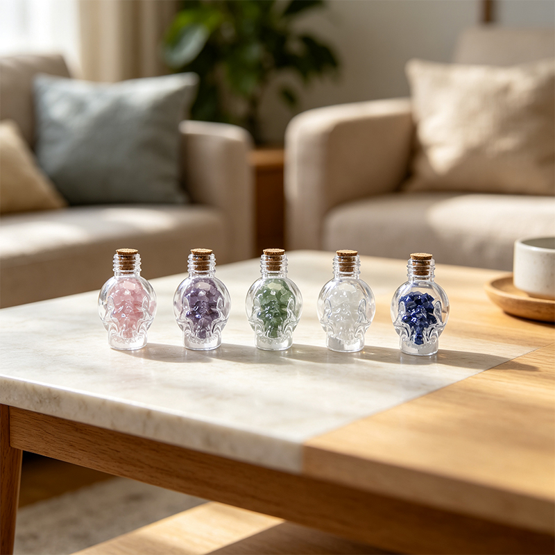 5‑Pack Skull‑Design Gemstone Figurine Ornament, Pre‑Filled Mini Glass Bottle with Assorted Natural Crystal Chips, Cork Stopper, Spiritual Desktop Shelf Collectible Gift Set