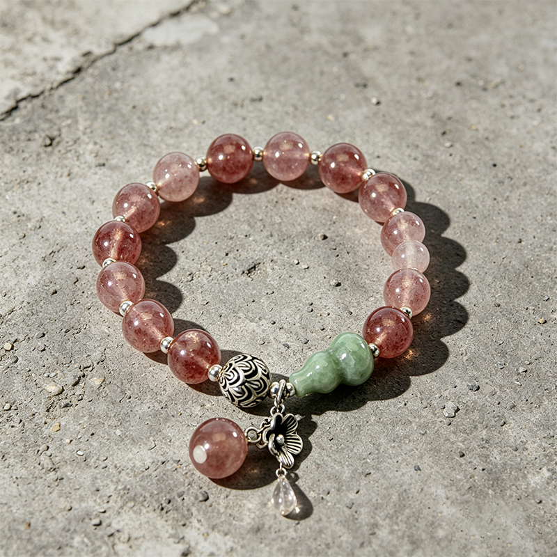 Natural Strawberry Quartz Beaded Stretch Bracelet for Women, Handcrafted Crystal Bracelet with Green Gourd‑Shaped Accent Bead , Jewelry Gift for Her