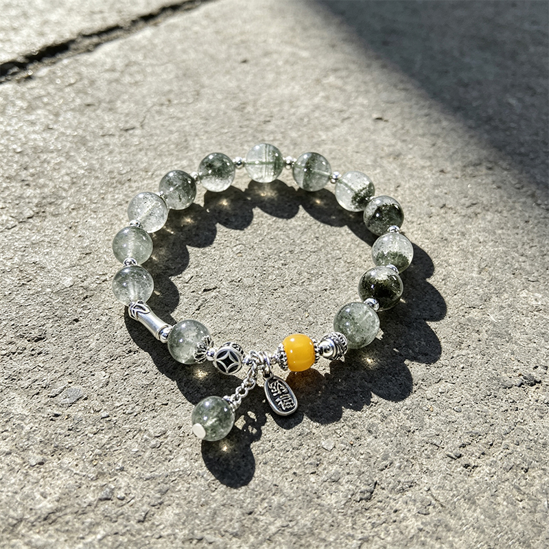 Natural Green Phantom Quartz Beaded Stretch Bracelet for Women, Handcrafted Crystal Bracelet with Yellow Accent Bead & Silver‑Plated Charms, Jewelry Gift for Her