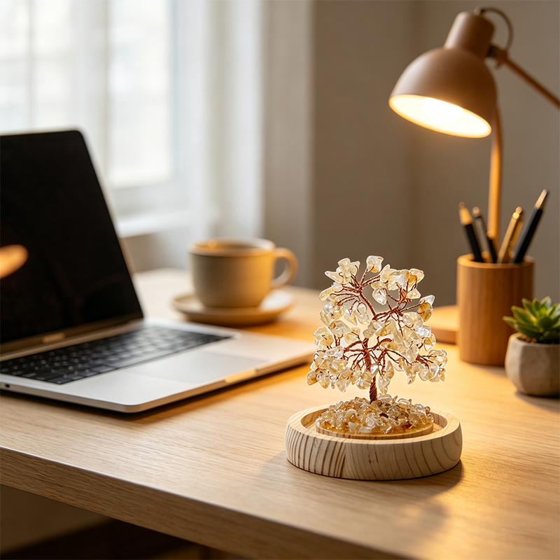 Handmade Citrine Crystal Tree in Glass Dome, Natural Gemstone Bonsai Tree with Wood Base, Reiki Spiritual Crystal Decor for Desk Shelf, Unique Gift