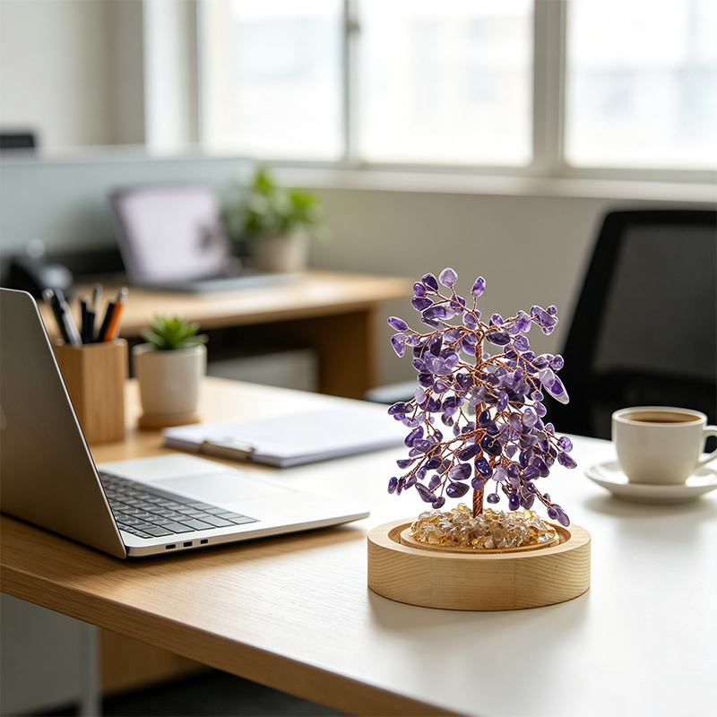Hand‑Made Amethyst Crystal Tree in Glass Dome with Wooden Base, Natural Chip Gemstone Tree Figurine, Mini Home Desk Shelf Decor Ornament, Ideal Gift for Crystal Lovers