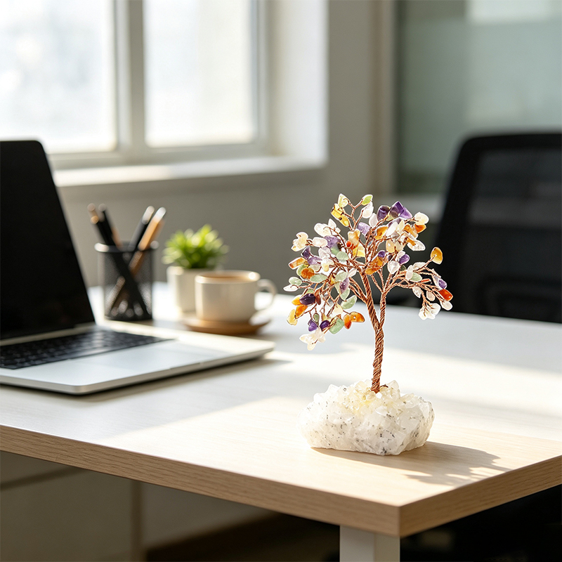Hand‑Mixed Natural Gemstone Chip Tree with Raw Clear Quartz Cluster Base, Copper Wire Handcrafted Crystal Tree Figurine, Tabletop Home Decor Ornament, Gift for Crystal Lovers