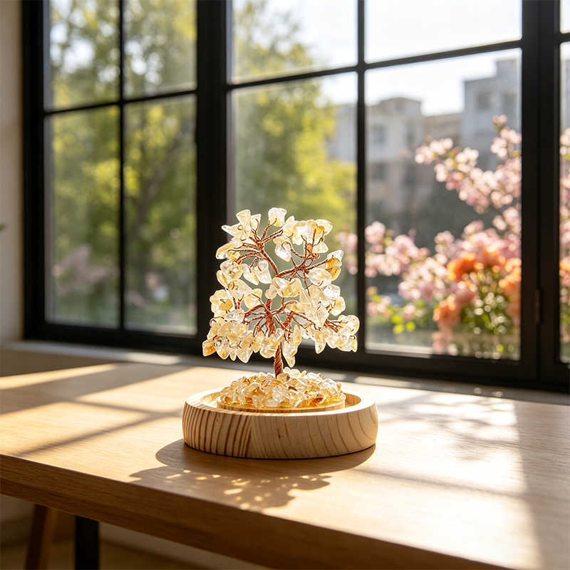 Handmade Citrine Crystal Tree in Glass Dome, Natural Gemstone Bonsai Tree with Wood Base, Reiki Spiritual Crystal Decor for Desk Shelf, Unique Gift