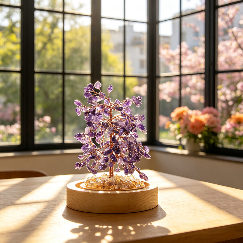 Hand‑Made Amethyst Crystal Tree in Glass Dome with Wooden Base, Natural Chip Gemstone Tree Figurine, Mini Home Desk Shelf Decor Ornament, Ideal Gift for Crystal Lovers