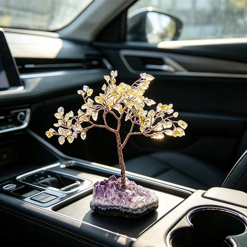 Hand‑Made Citrine Chip Gemstone Tree with Natural Amethyst Cluster Base, Copper Wire Crystal Tree Figurine, Mini Home Desk Decor Ornament, Gift for Crystal Lovers