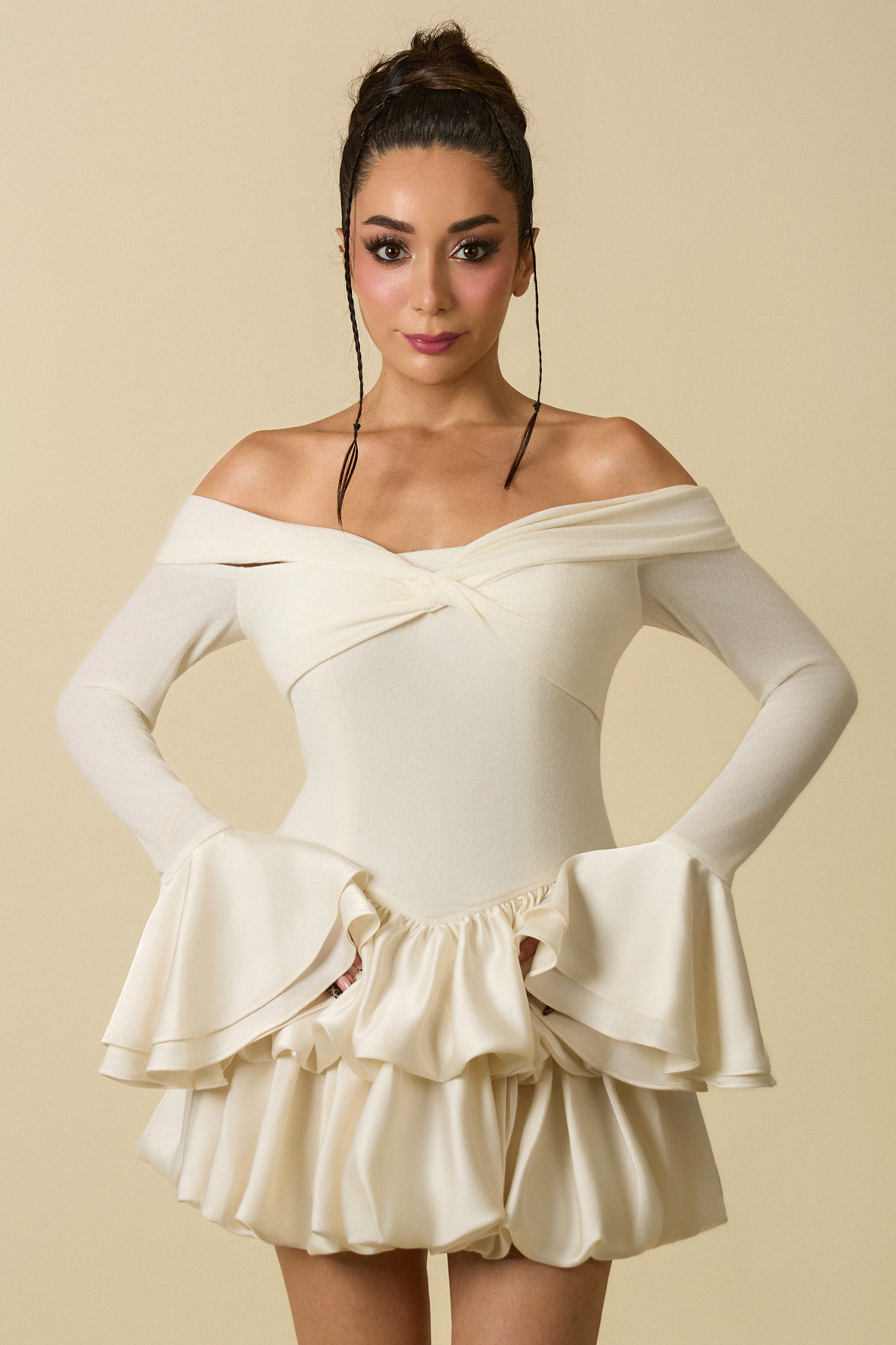 Jozie Elegant Contour Off Shoulder Long Sleeve Knot Ruffle Satin Knit Mini Dress