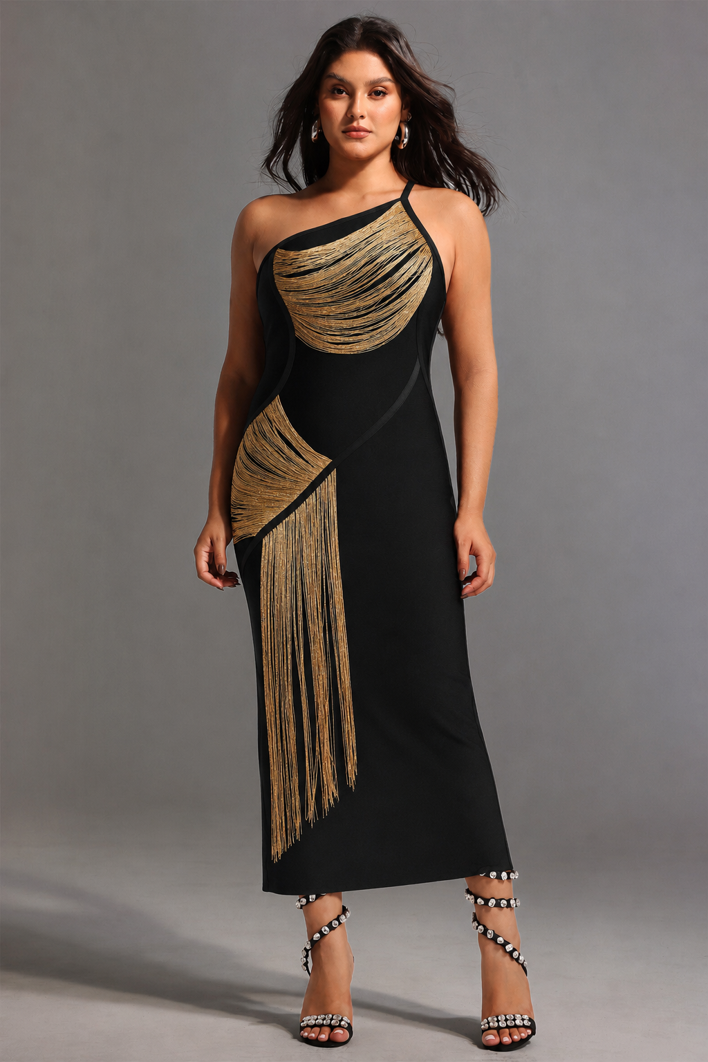 Roanna One Shoulder Sleeveless Golden Tassels Bandage Maxi Dress