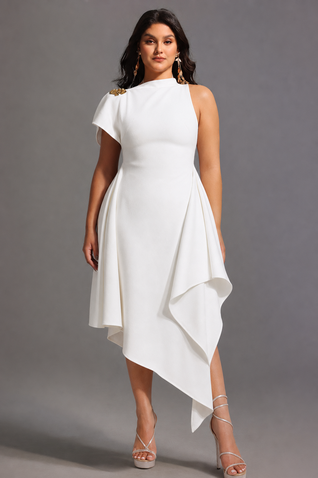 Weren Elegant Contour High Neck Asymmetric Maxi Dress