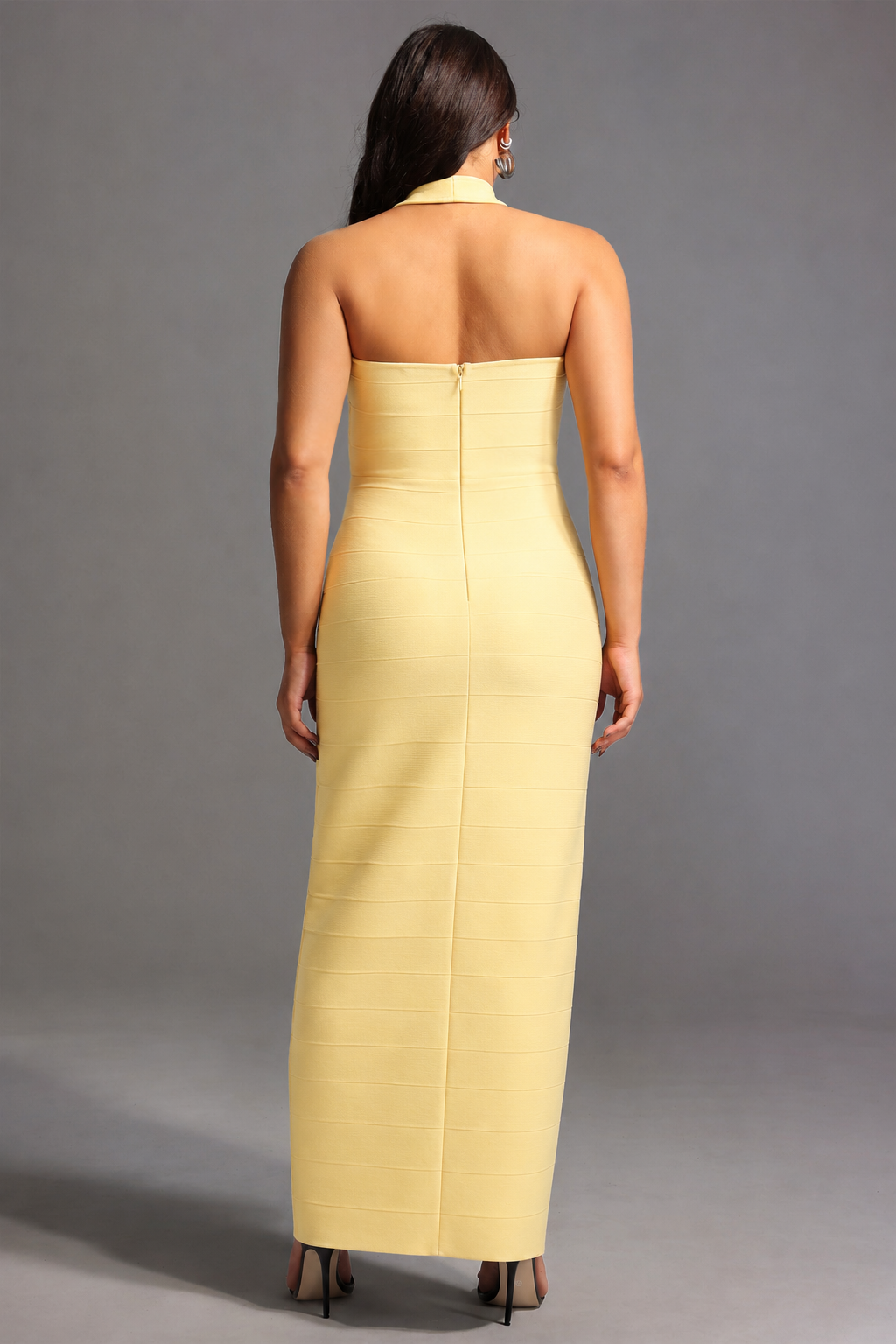 Lanla Chic Contour Halter Metal Buckle Bandage Maxi Dress