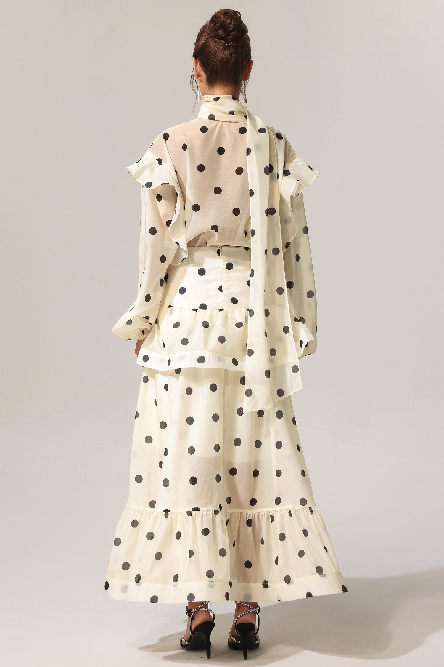 Rode Dot Printed Folds Long Sleeves Top And Skirt Two-Piece Set