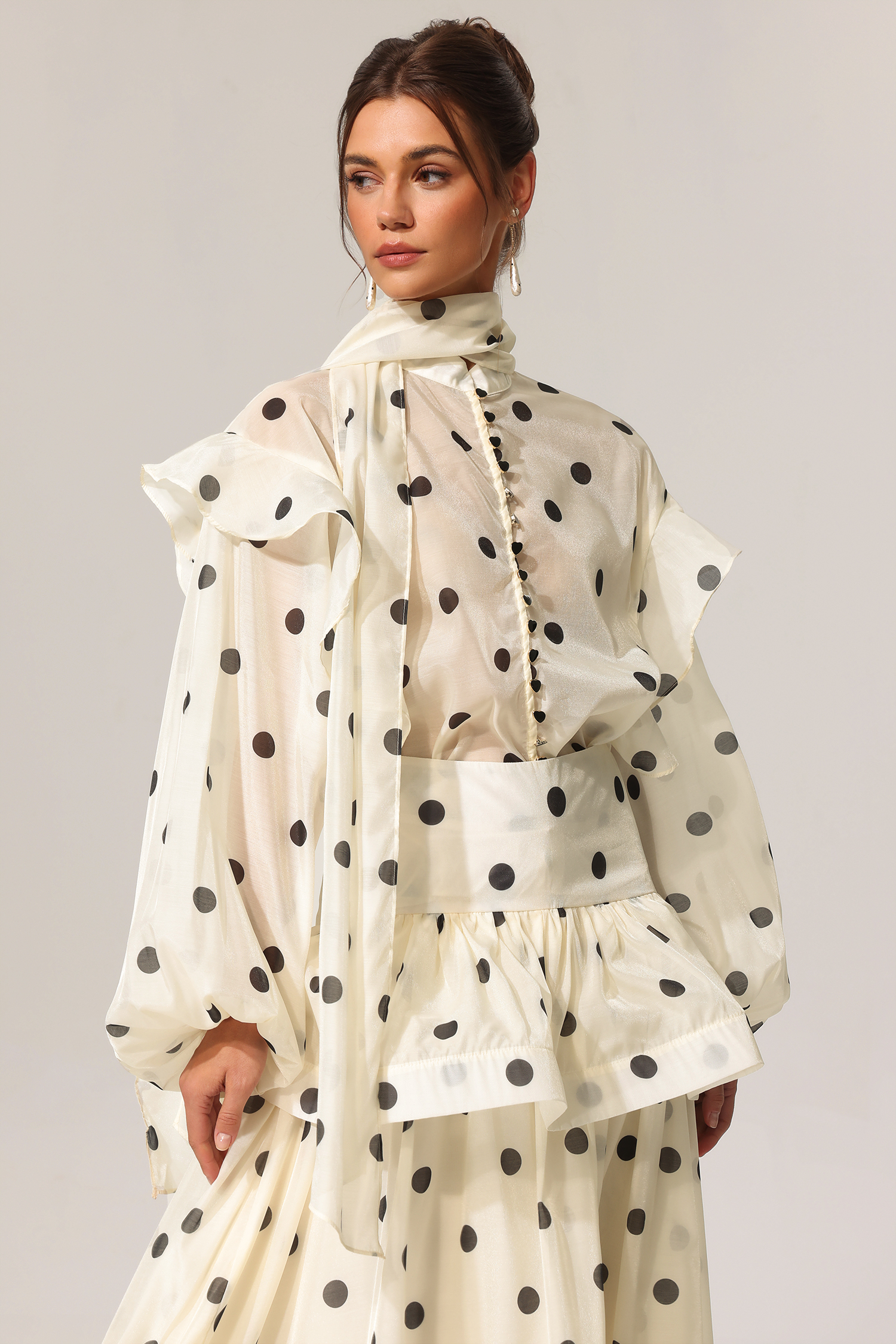 Rode Dot Printed Folds Long Sleeves Top And Skirt Two-Piece Set