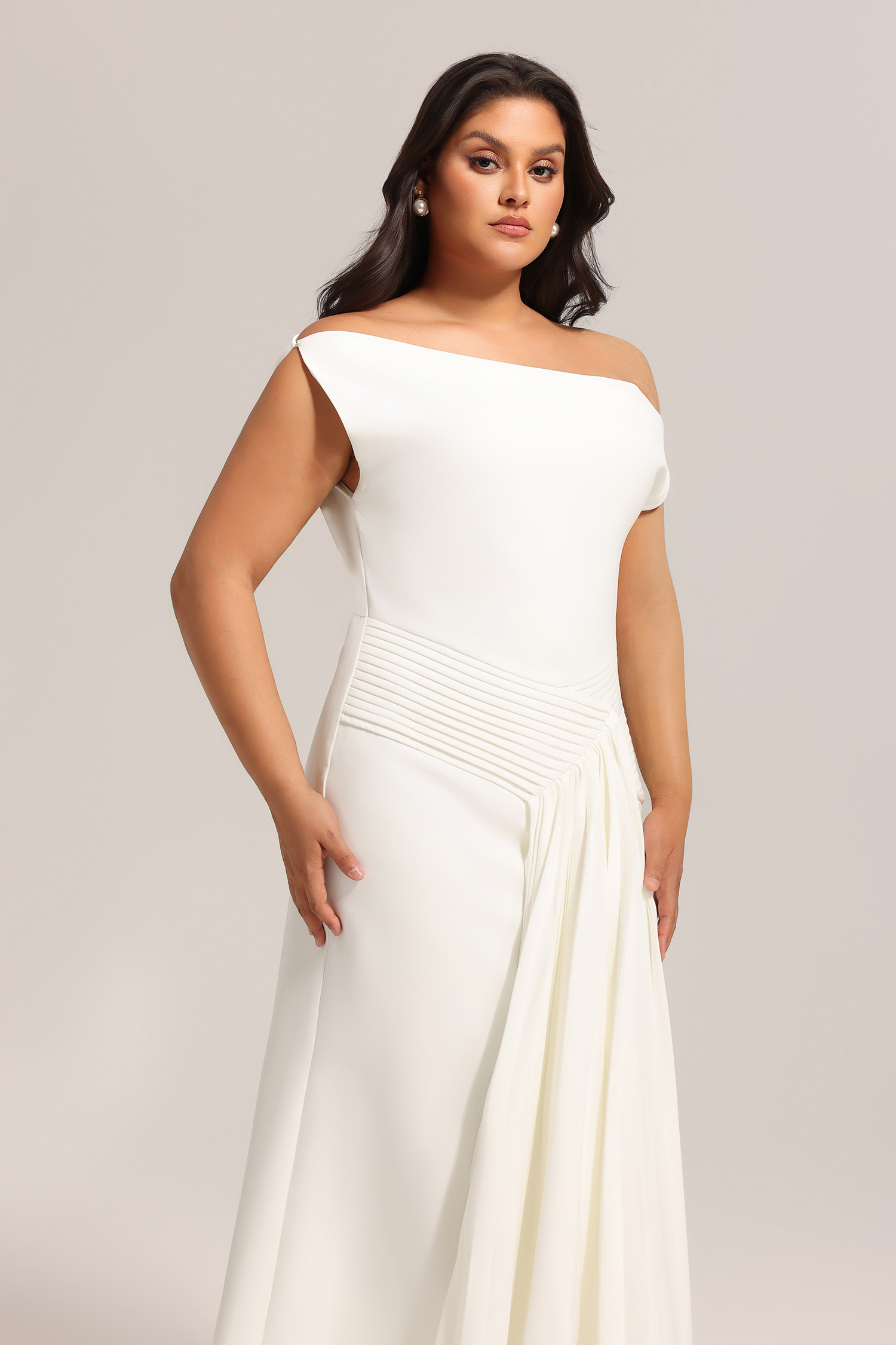 Paulina Oblique Shoulder Sleeveless Folds Midi Dress