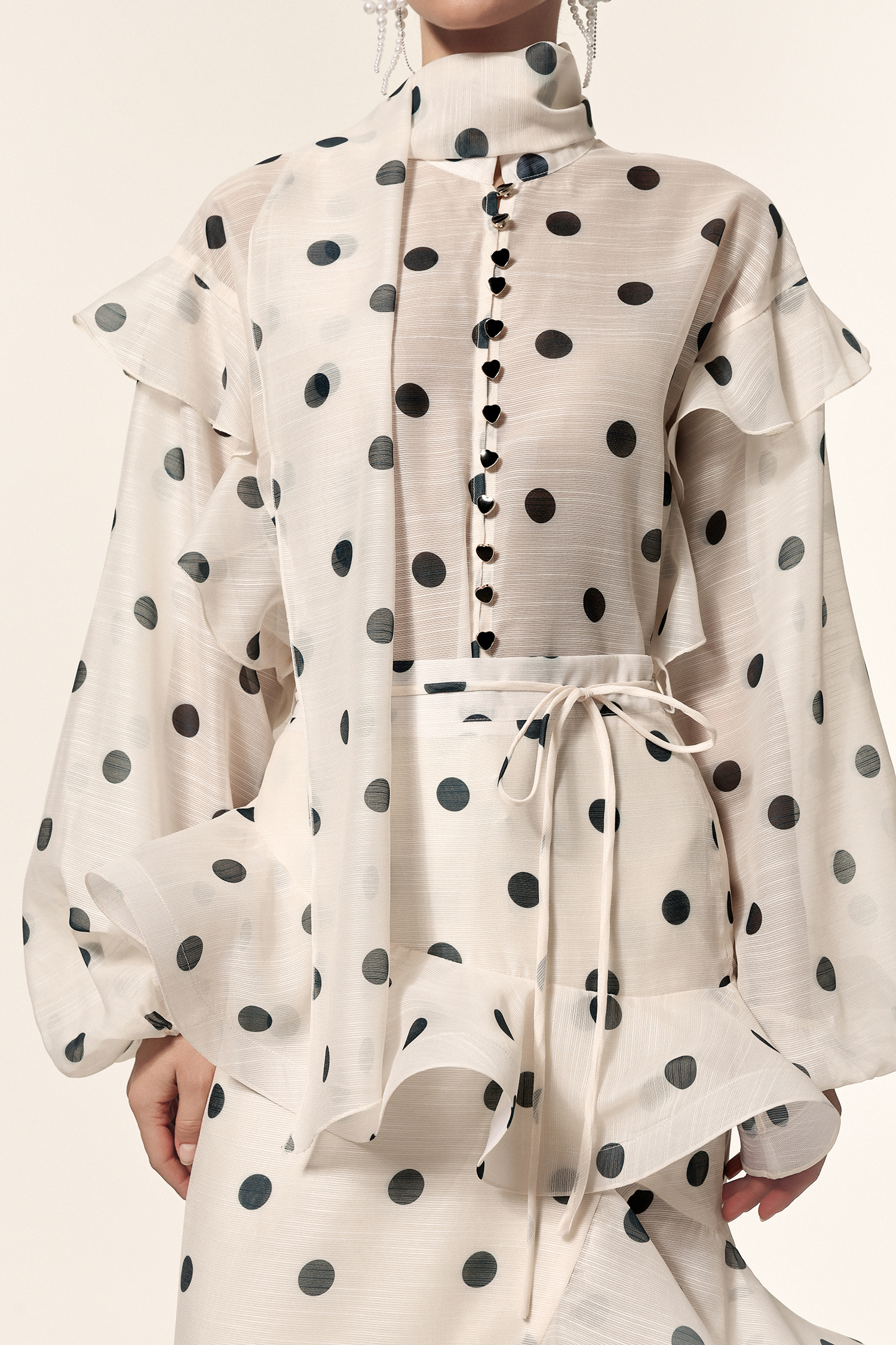 Vleah Streamer Long Sleeves Dot Printed Asymmetric Folds Midi Dress