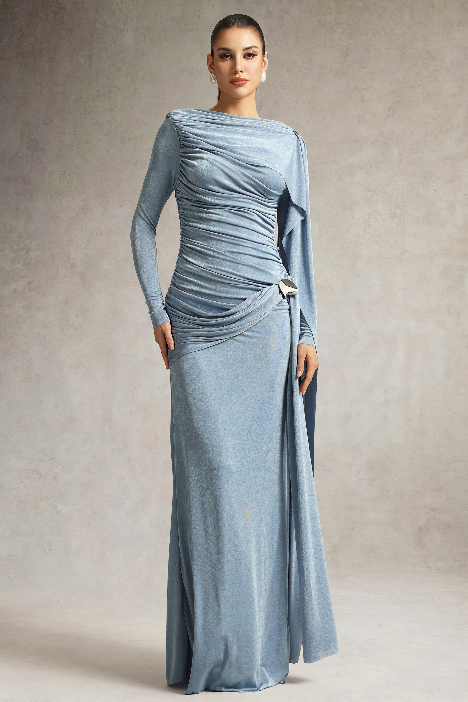Tihila Long Sleeve Ruched Blue Maxi Dress