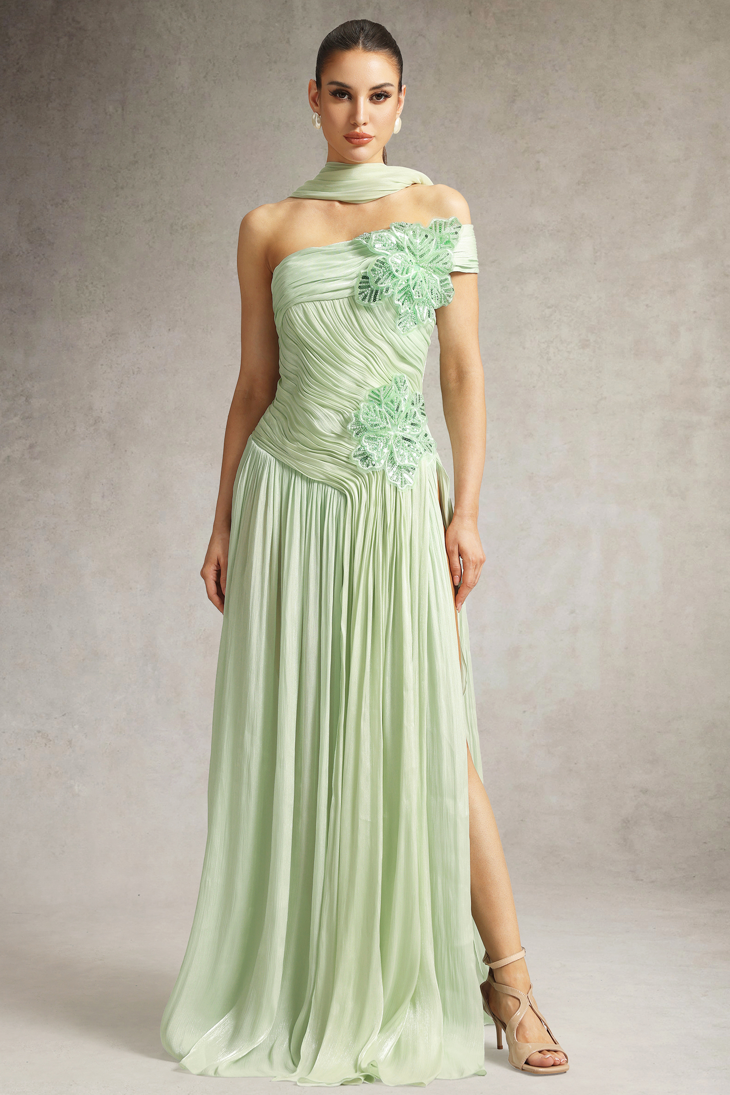Mellies One Shoulder Floral Ruched High Slit Maxi Dress