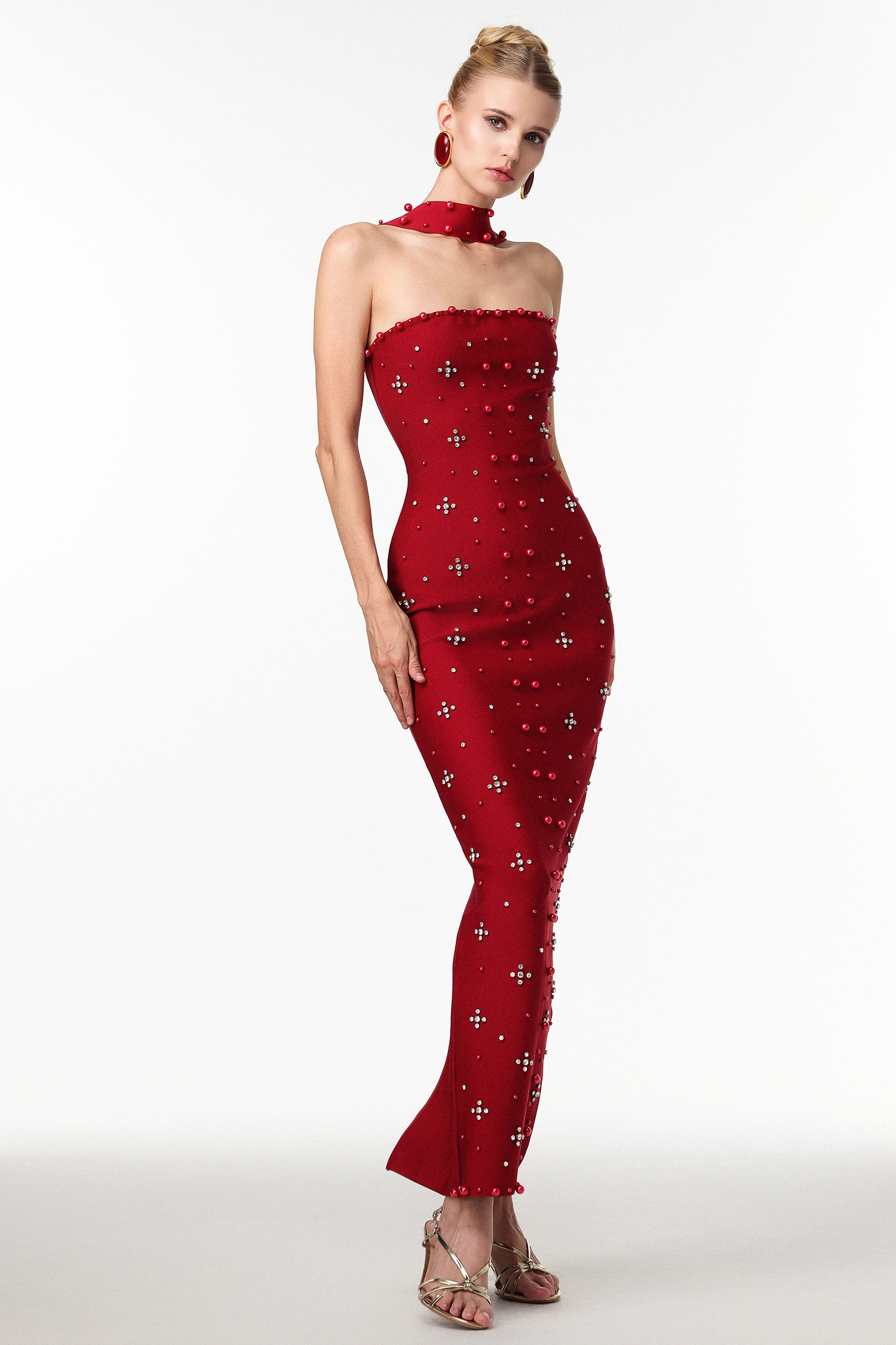 Nesya Sleeveless Pearl Wine Bandage Maxi Dress