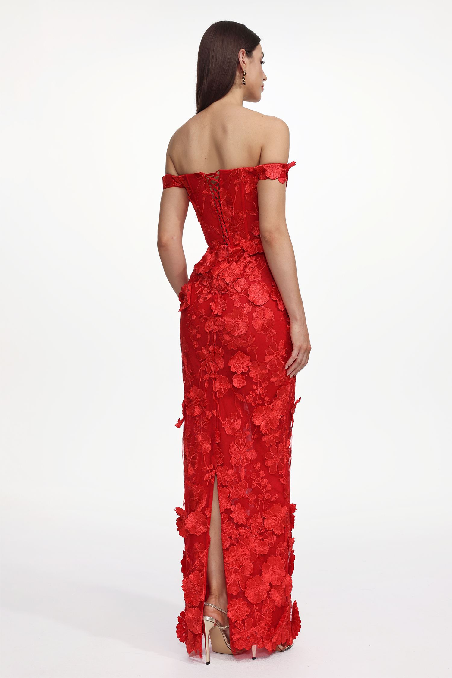 Romantic Tailored Off Shoulder Floral Embroidered Maxi Dress