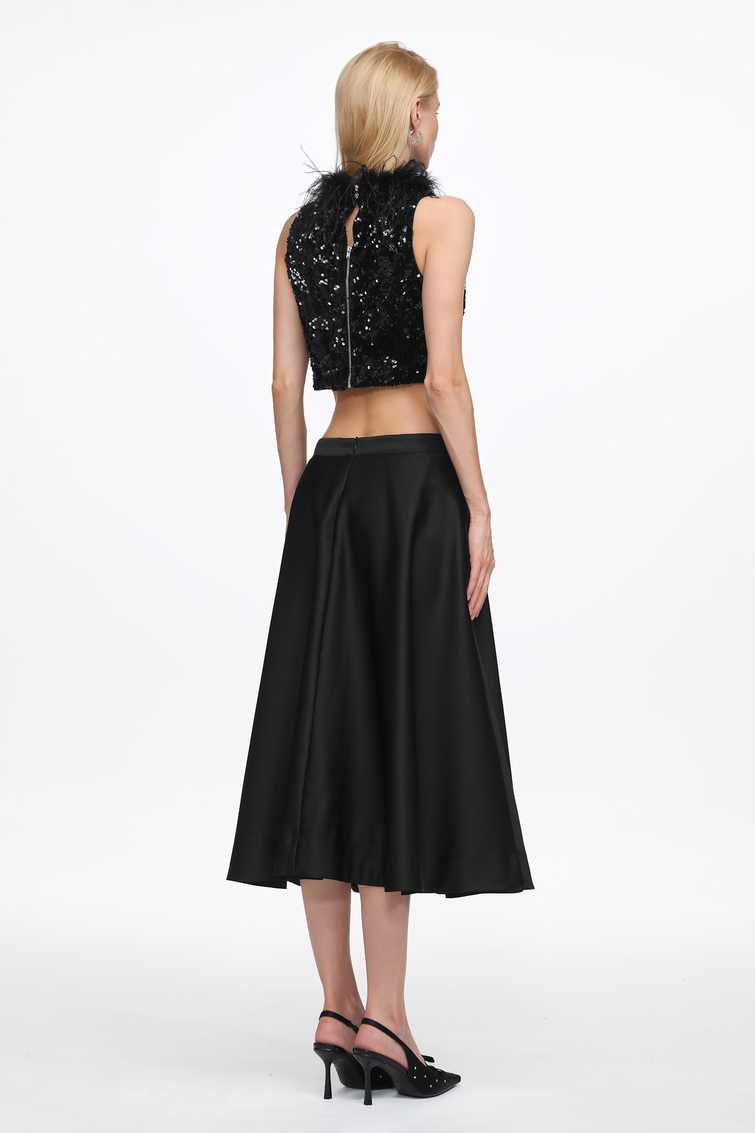 Chic Contonur Sleeveless Feather Sequin Velvet Top and Satin Skirt Set