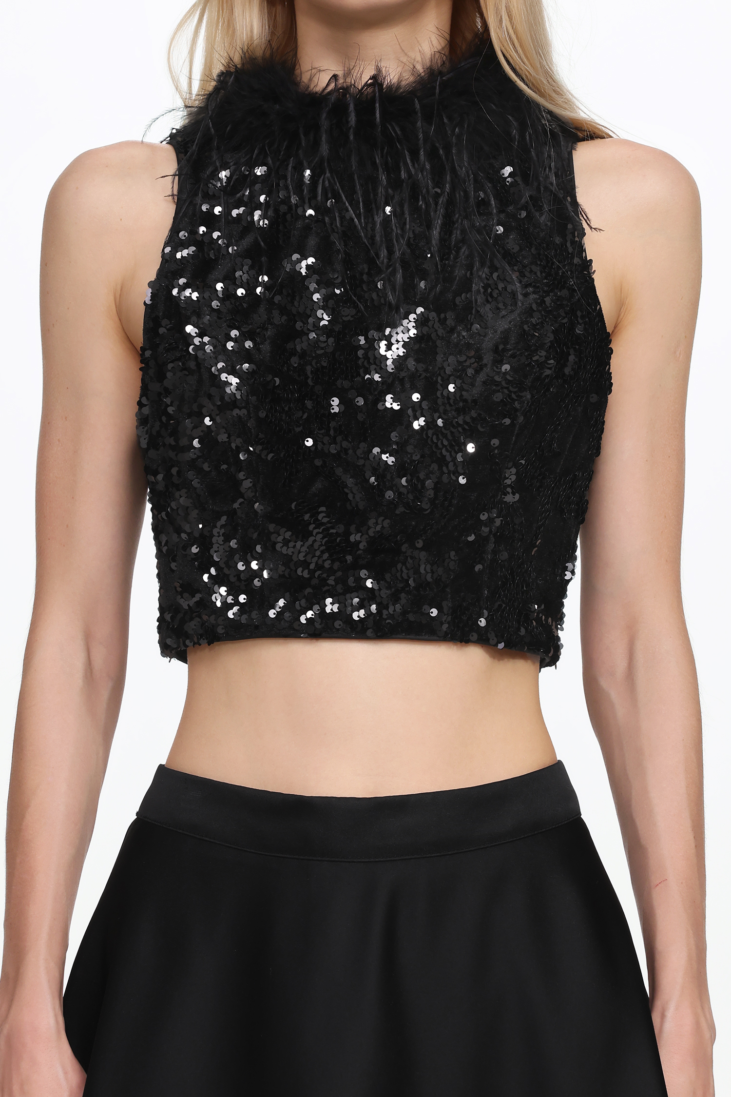Chic Contonur Sleeveless Feather Sequin Velvet Top and Satin Skirt Set