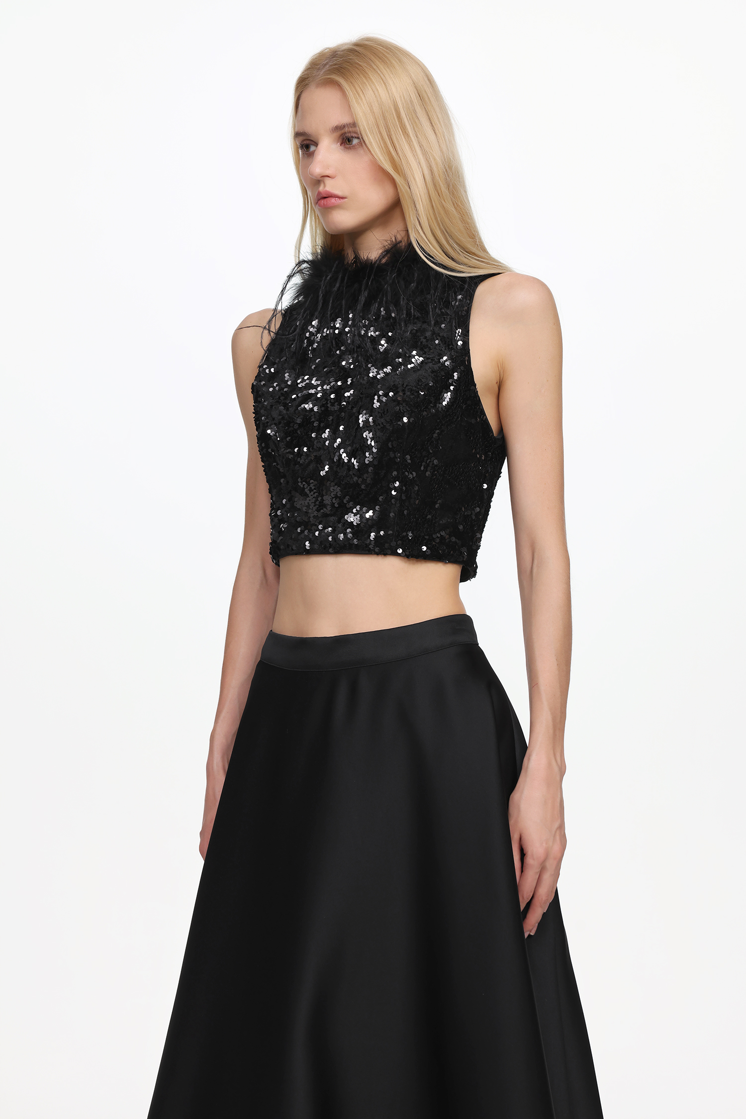 Chic Contonur Sleeveless Feather Sequin Velvet Top and Satin Skirt Set