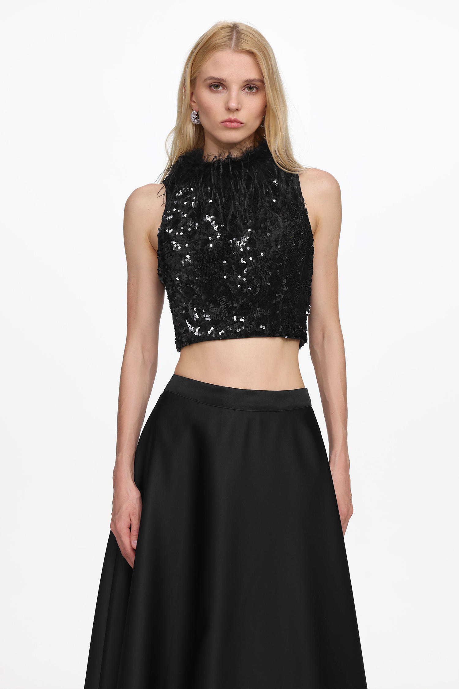 Chic Contonur Sleeveless Feather Sequin Velvet Top and Satin Skirt Set