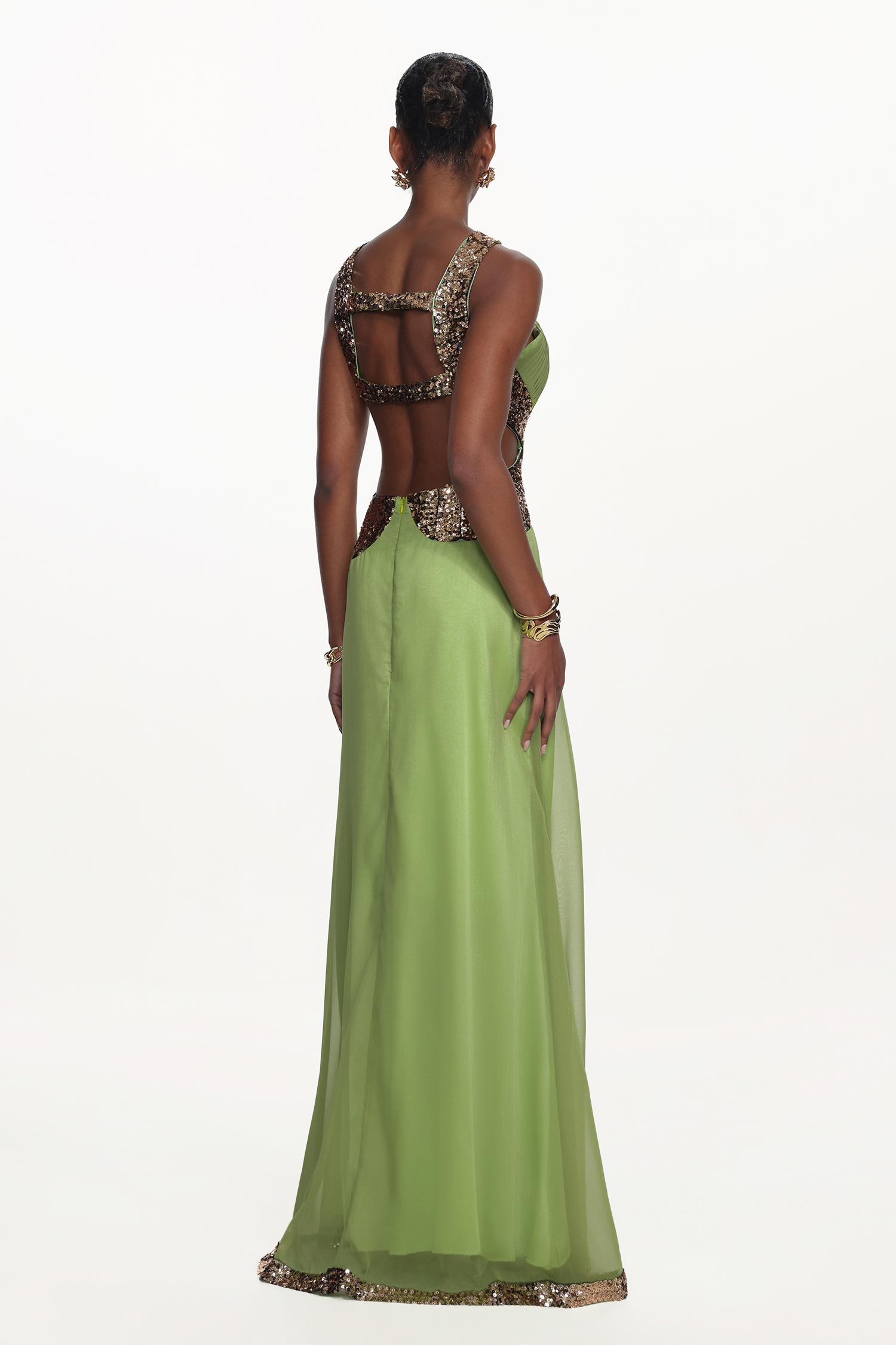 Melisa Chic Flowy Halter Pleated Cut Out Sequin Maxi Dress