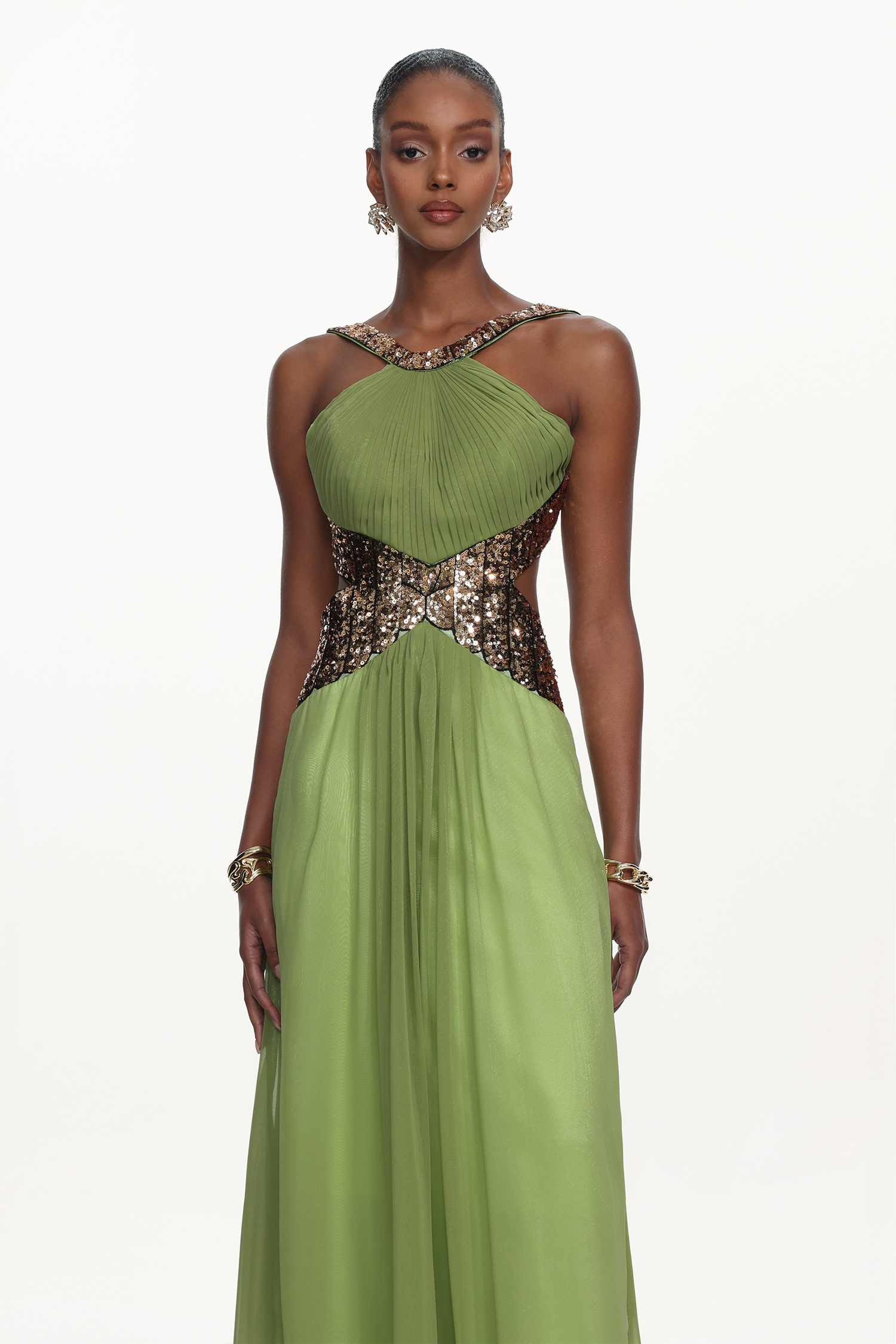 Melisa Chic Flowy Halter Pleated Cut Out Sequin Maxi Dress