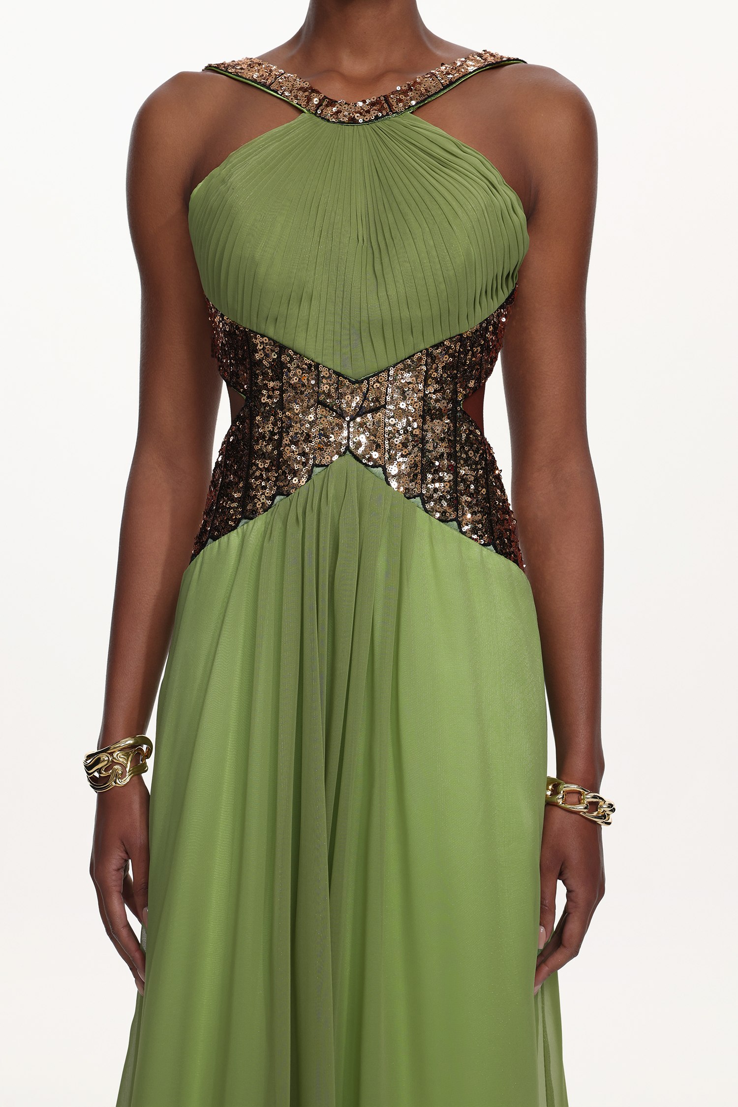 Melisa Chic Flowy Halter Pleated Cut Out Sequin Maxi Dress