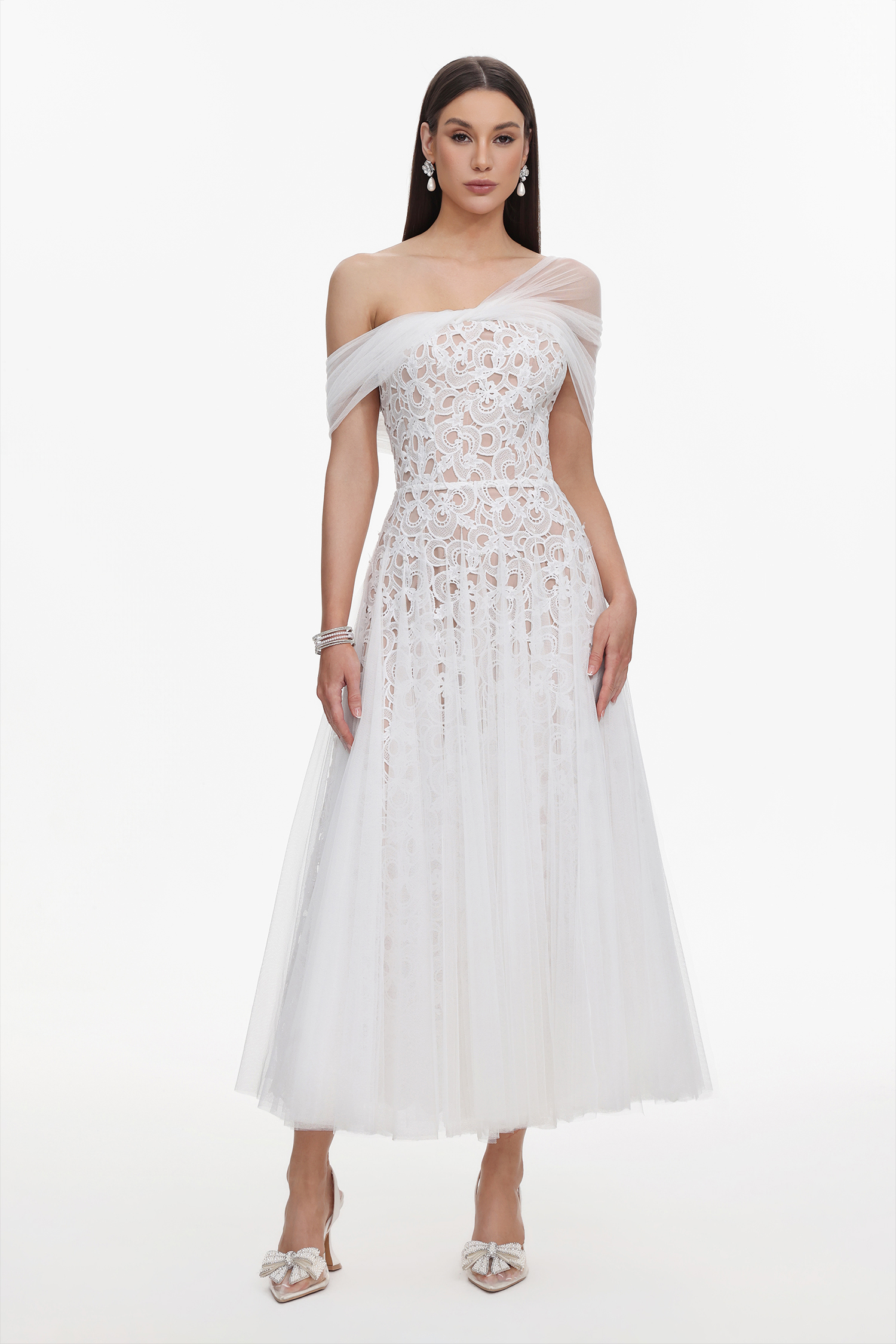 Yvonne Elegant Tailored Off Shoulder Lace Tulle Maxi Dress