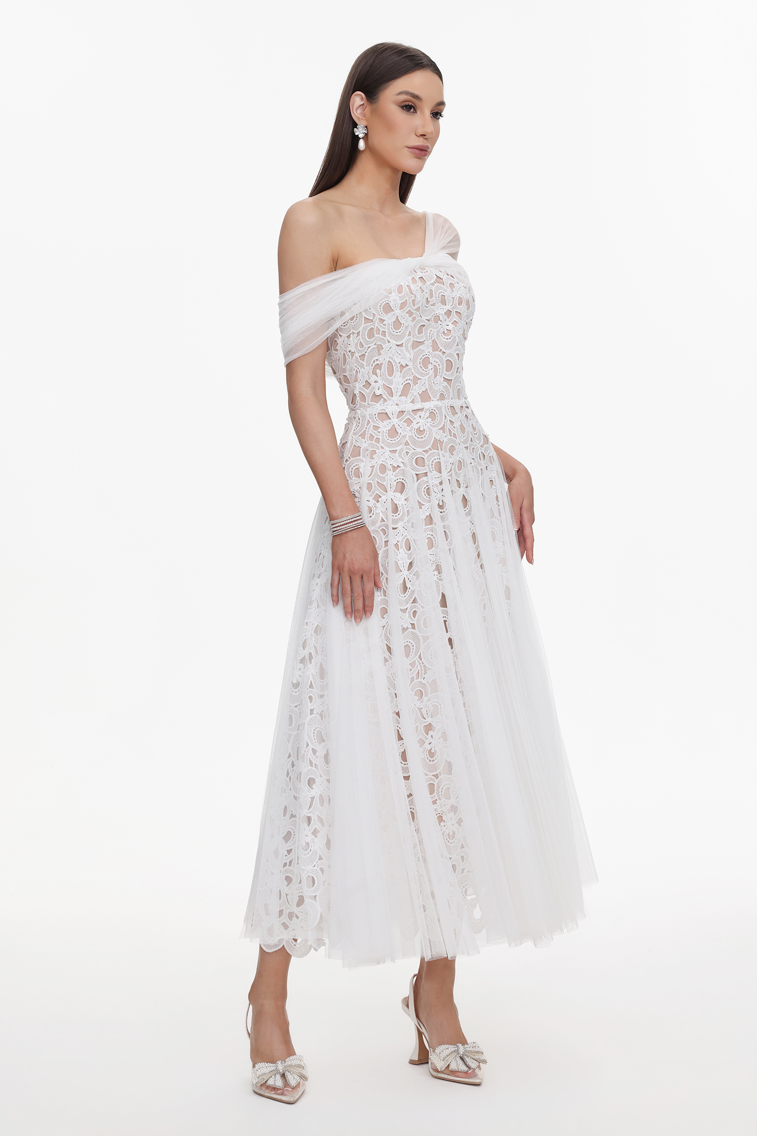 Yvonne Elegant Tailored Off Shoulder Lace Tulle Maxi Dress