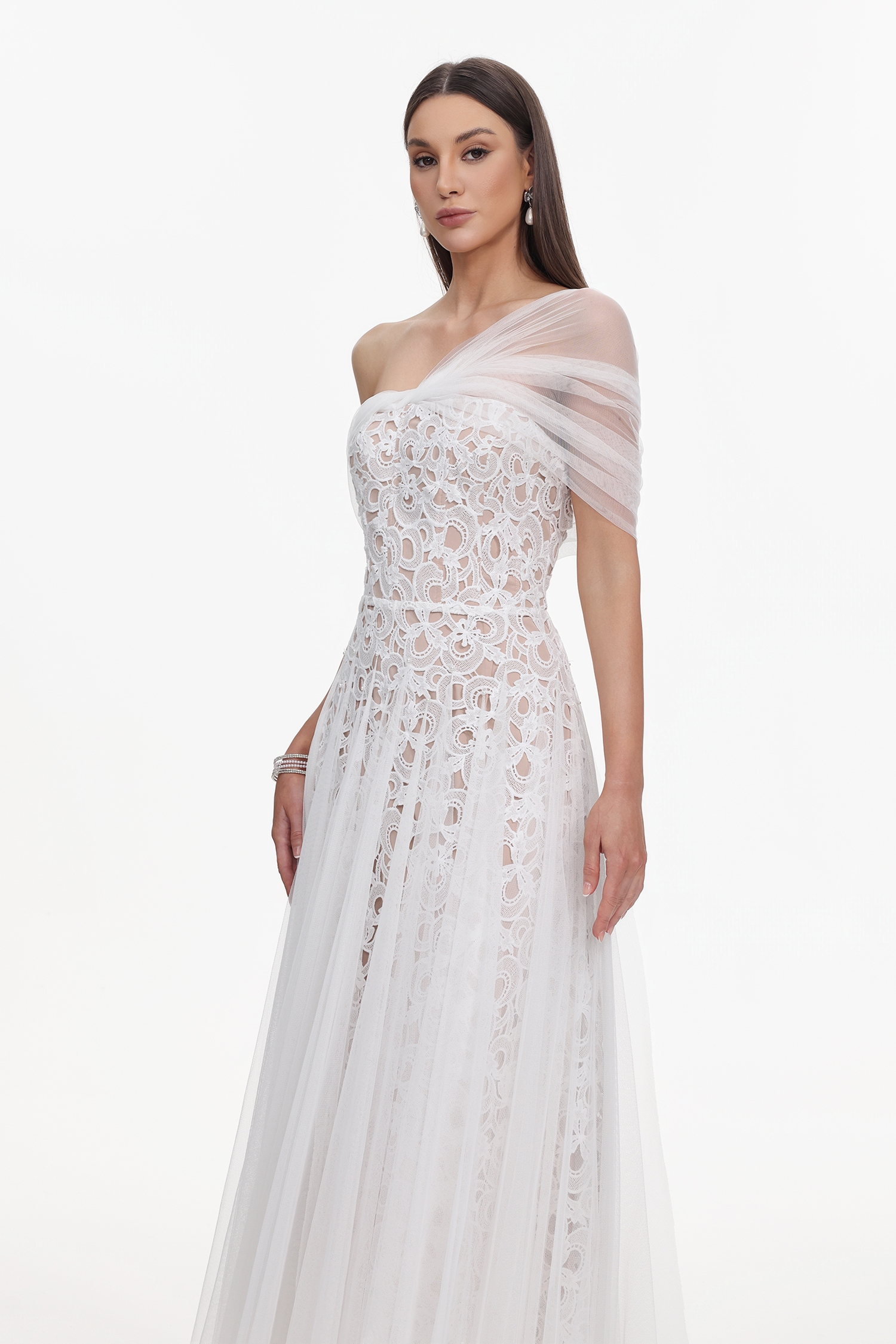 Yvonne Elegant Tailored Off Shoulder Lace Tulle Maxi Dress