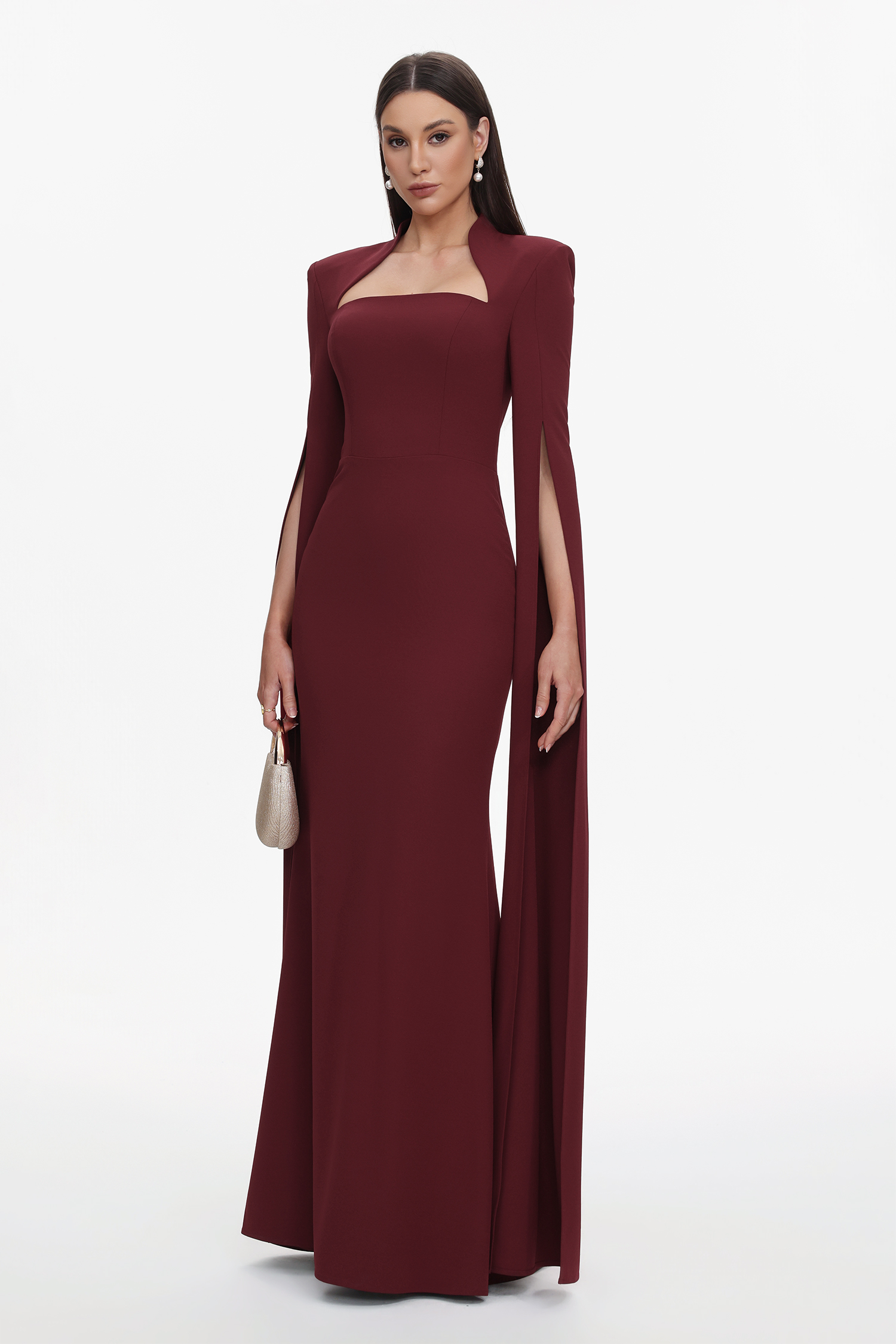 Werko Elegant Tailored Square Neck Cape Sleeve Woven Maxi Dress