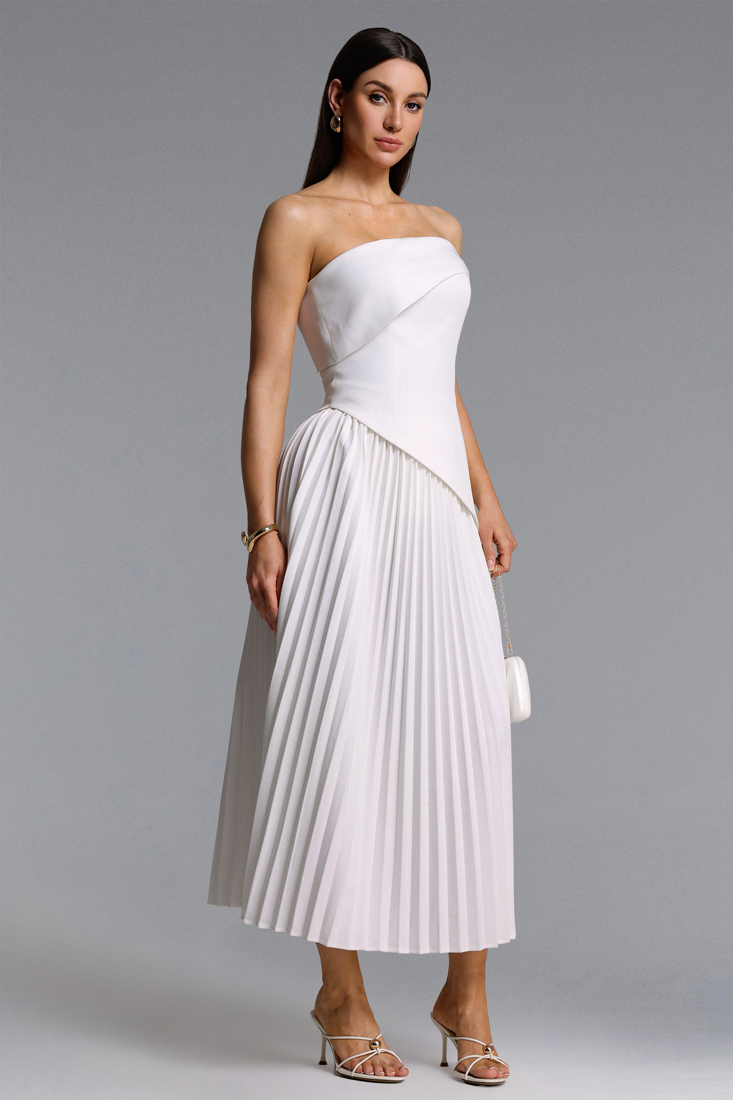 Vickee Elegant Tailored Off Shoulder Asymmetric Pleated Maxi Dress