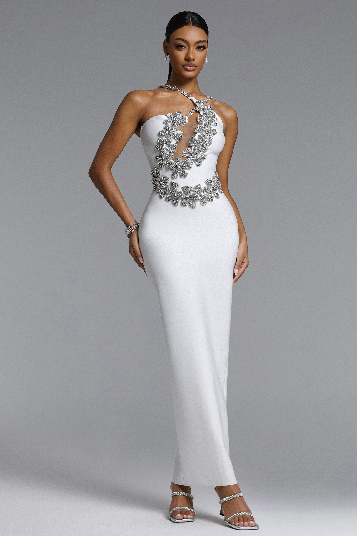 Veronic Glamorous Contour Halter Cut Out Rhinestone Floral Bandage Maxi Dress