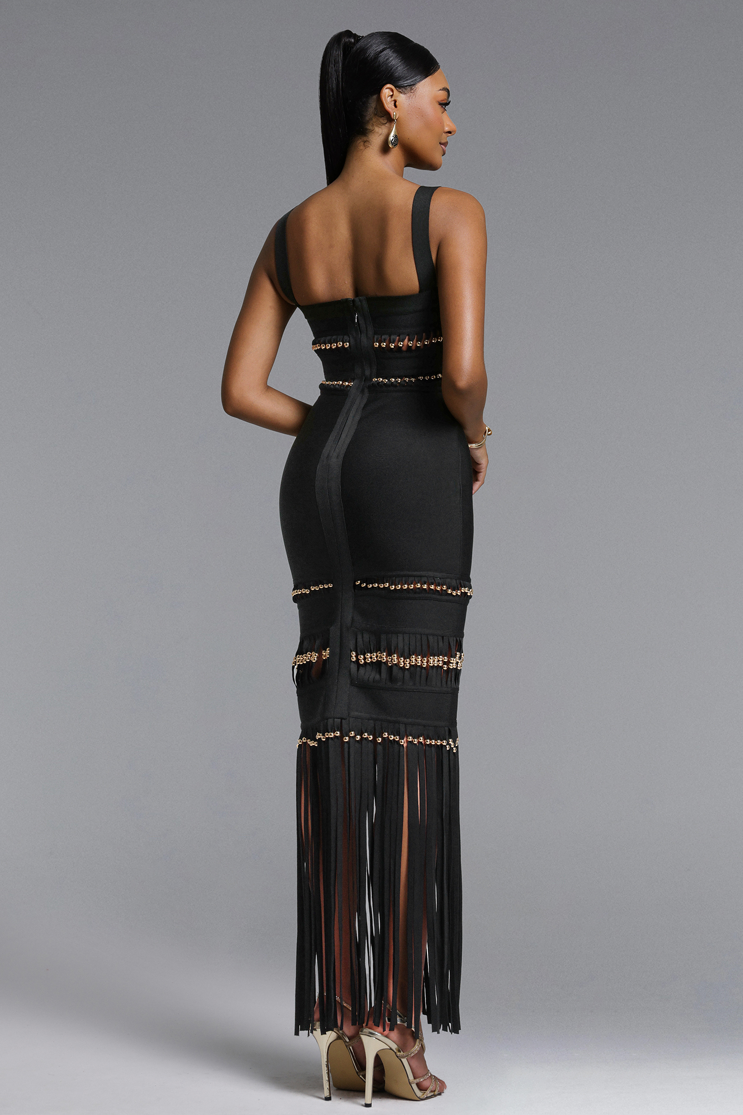 Shanley Chic Contour Sleeveless Beaded Fringe Black Bandage Maxi Dress