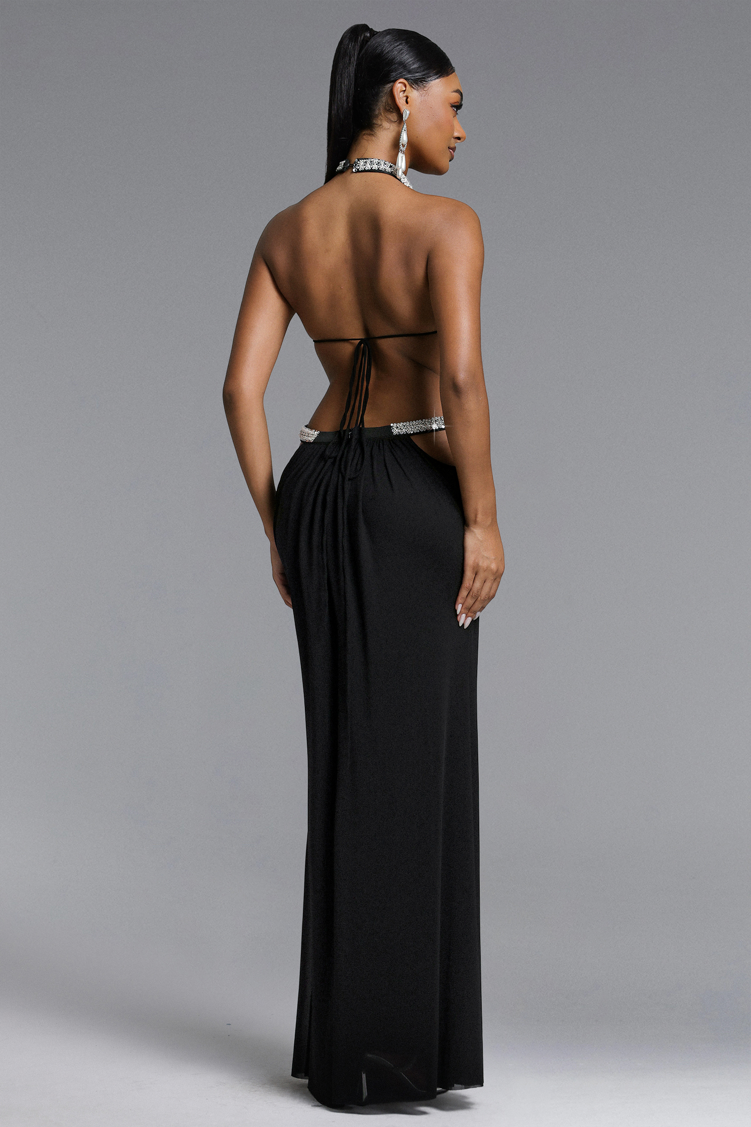 Evelina Chic Flowy Halter Open Back Ruched Maxi Dress