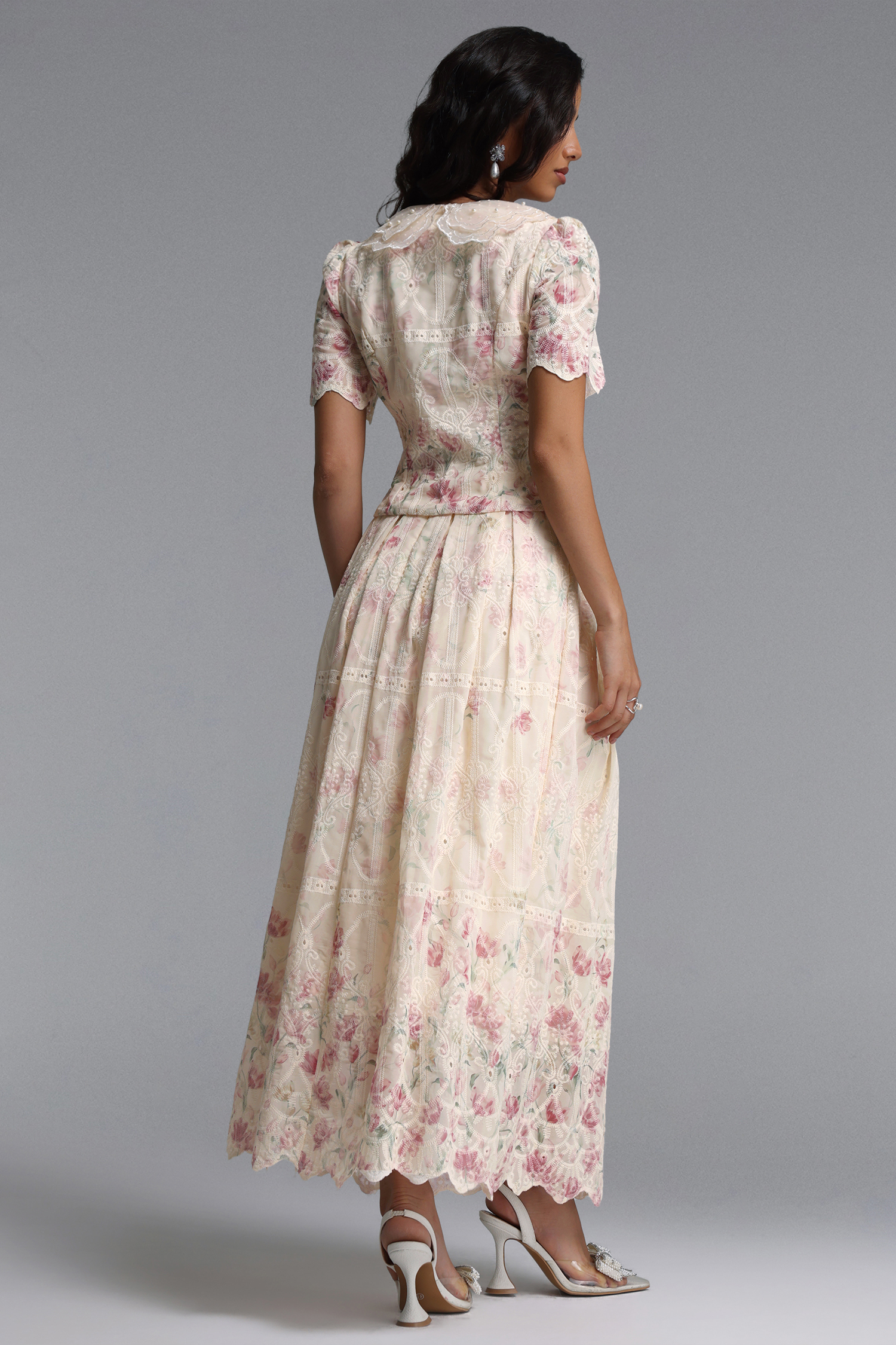 Ignacia Romantic Flowy Short Sleeve Floral Print Embroidered Woven Top and Skirt Two Piece Set