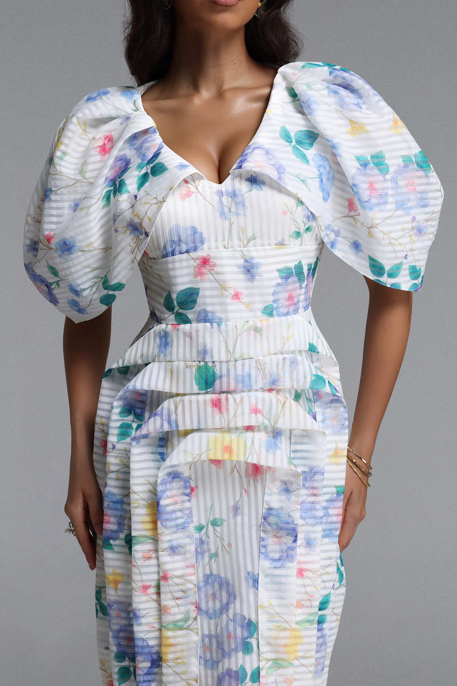 Wezal Chic Tailored Floral Print Stripe Woven Midi Dress