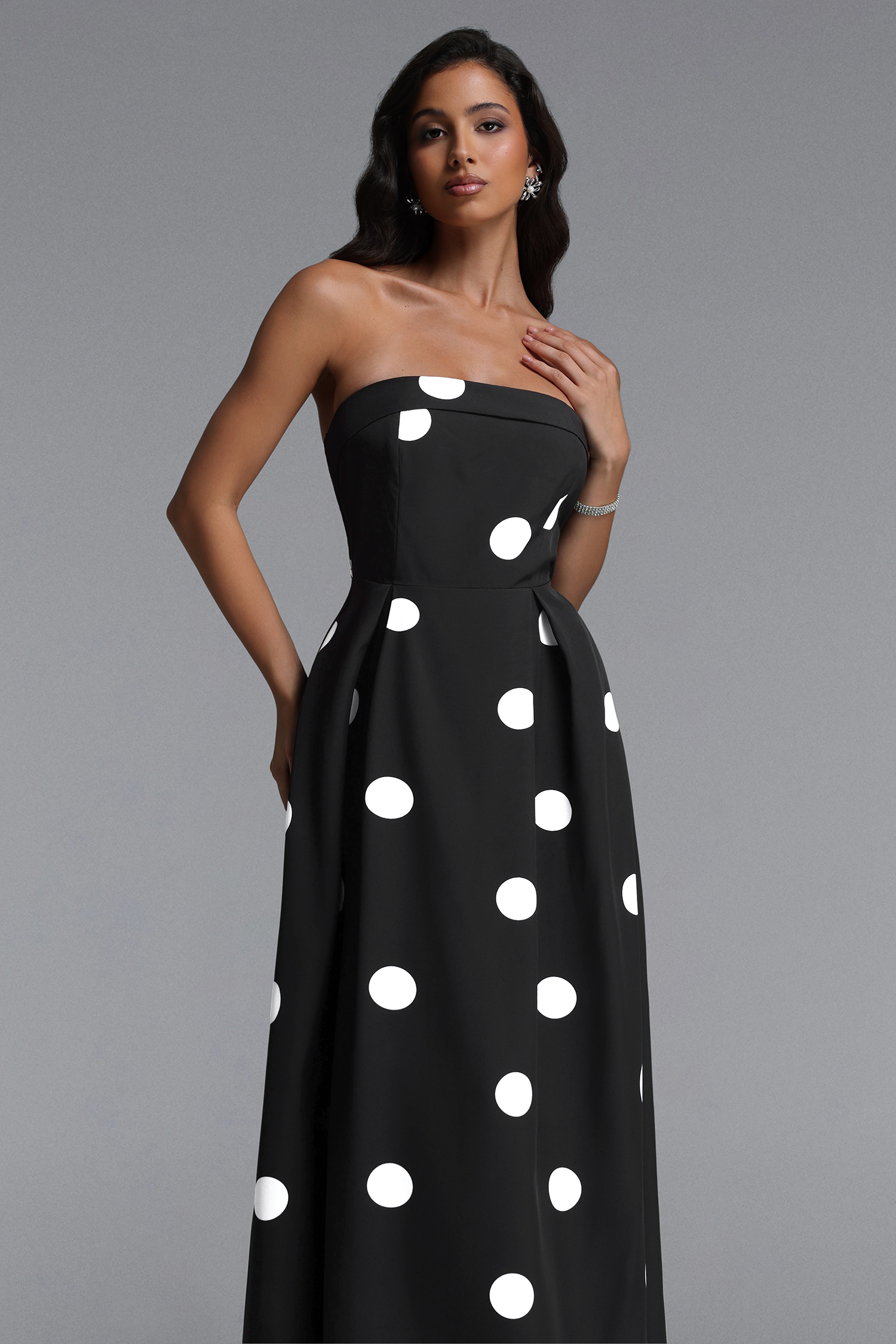Marley Elegant Tailored Sleeveless Polka Dot Woven Maxi Dress