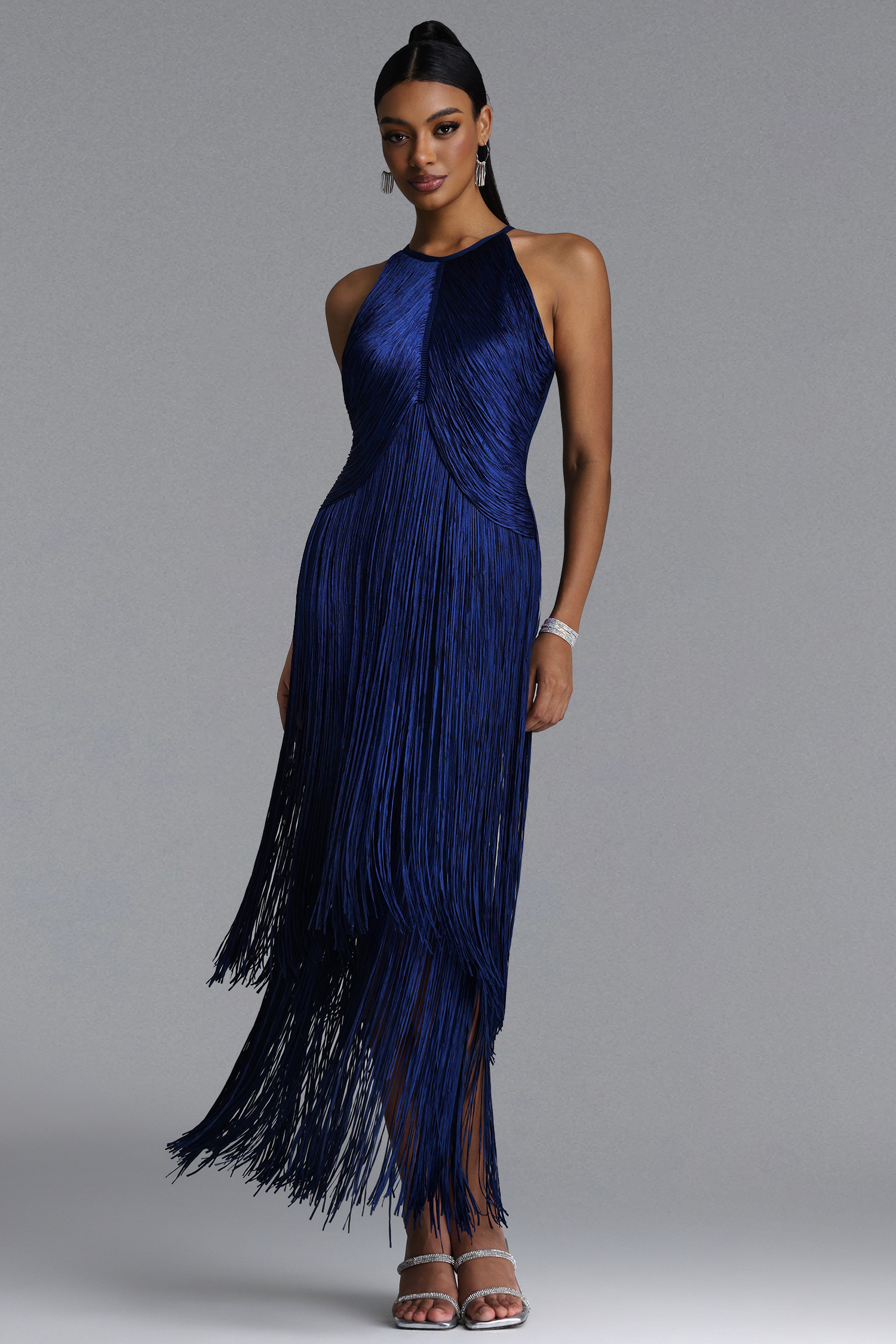 Sahara Chic Contour Halter Fringe Bandage Maxi Dress
