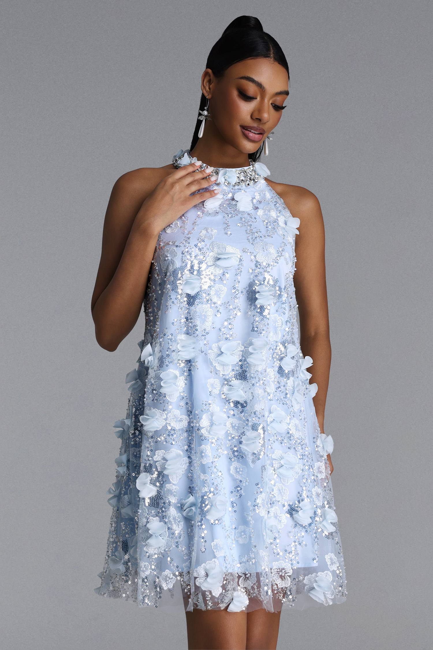 Juniper Elegant Tailored Halter Floral Sequin Midi Dress