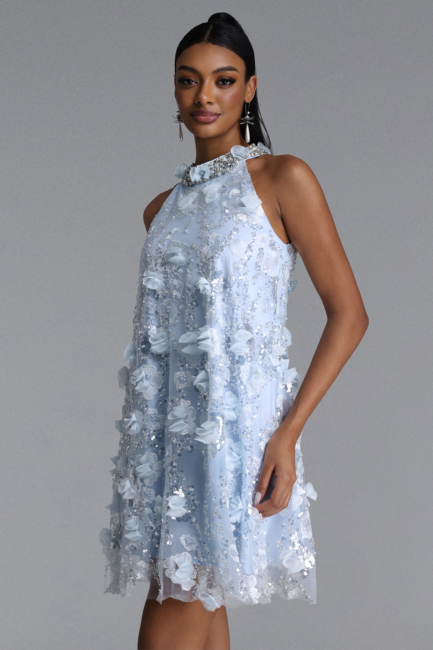 Juniper Elegant Tailored Halter Floral Sequin Midi Dress
