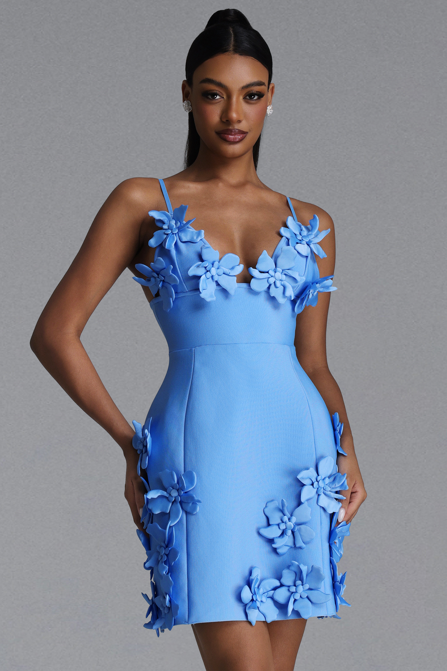 Valentina Elegant Contour V Neck Floral Bandage Mini Dress