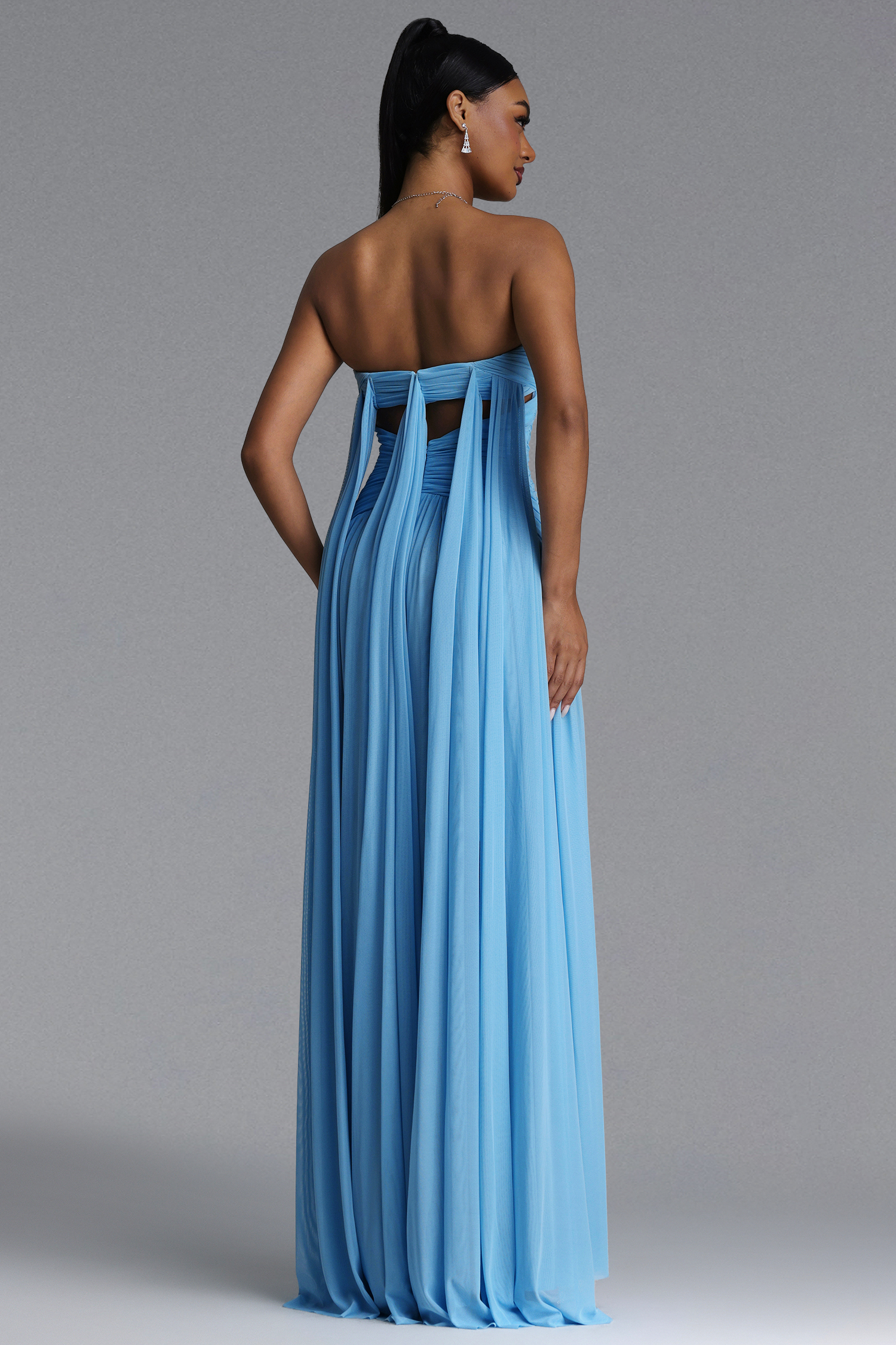 Prunella Elegant Contour Strapless Cut Out Ruched Mesh Maxi Dress