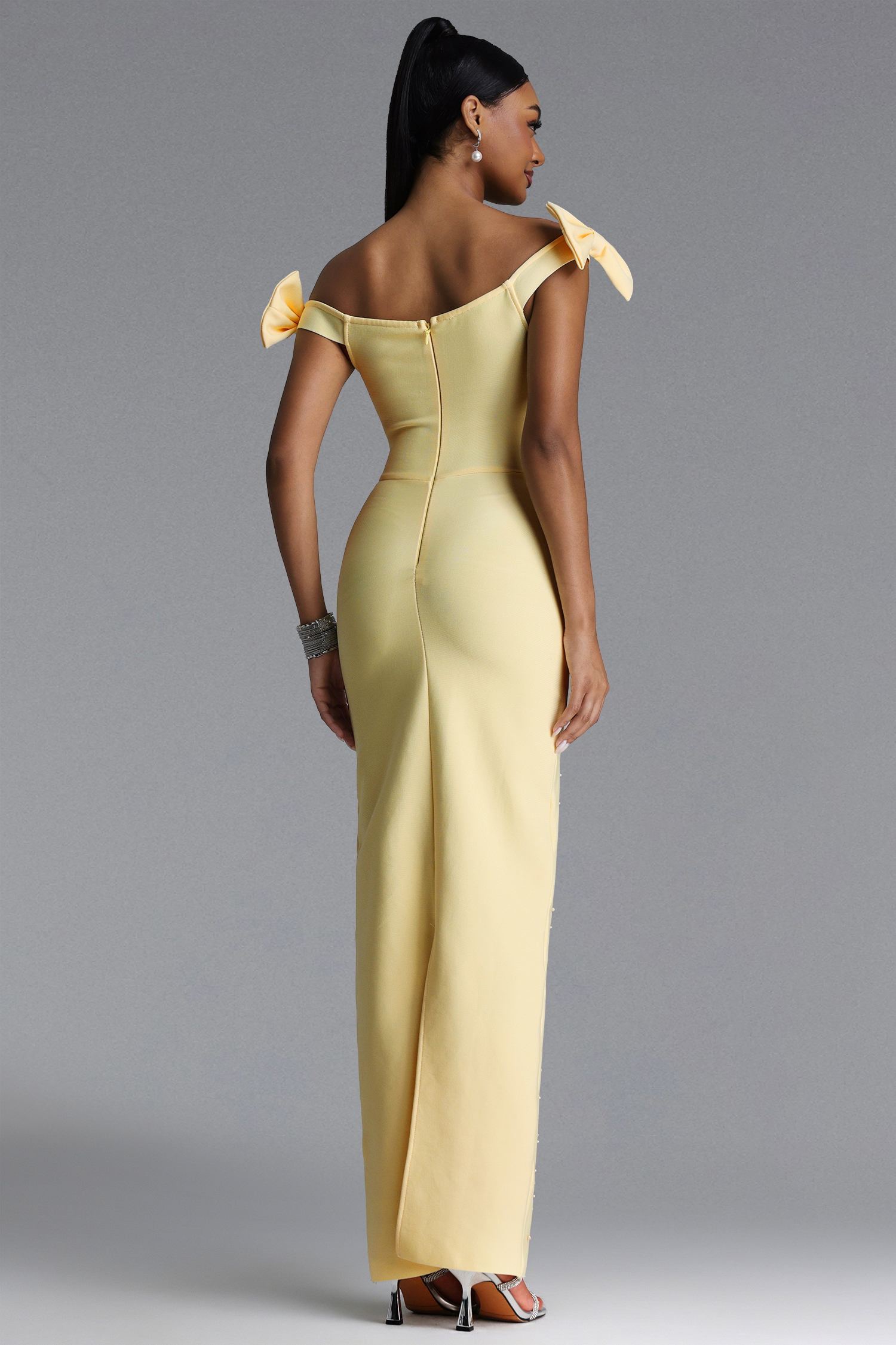 Fanny Chic Contour Off Shoulder Pearl Rhinestone Bandage Maxi Dress